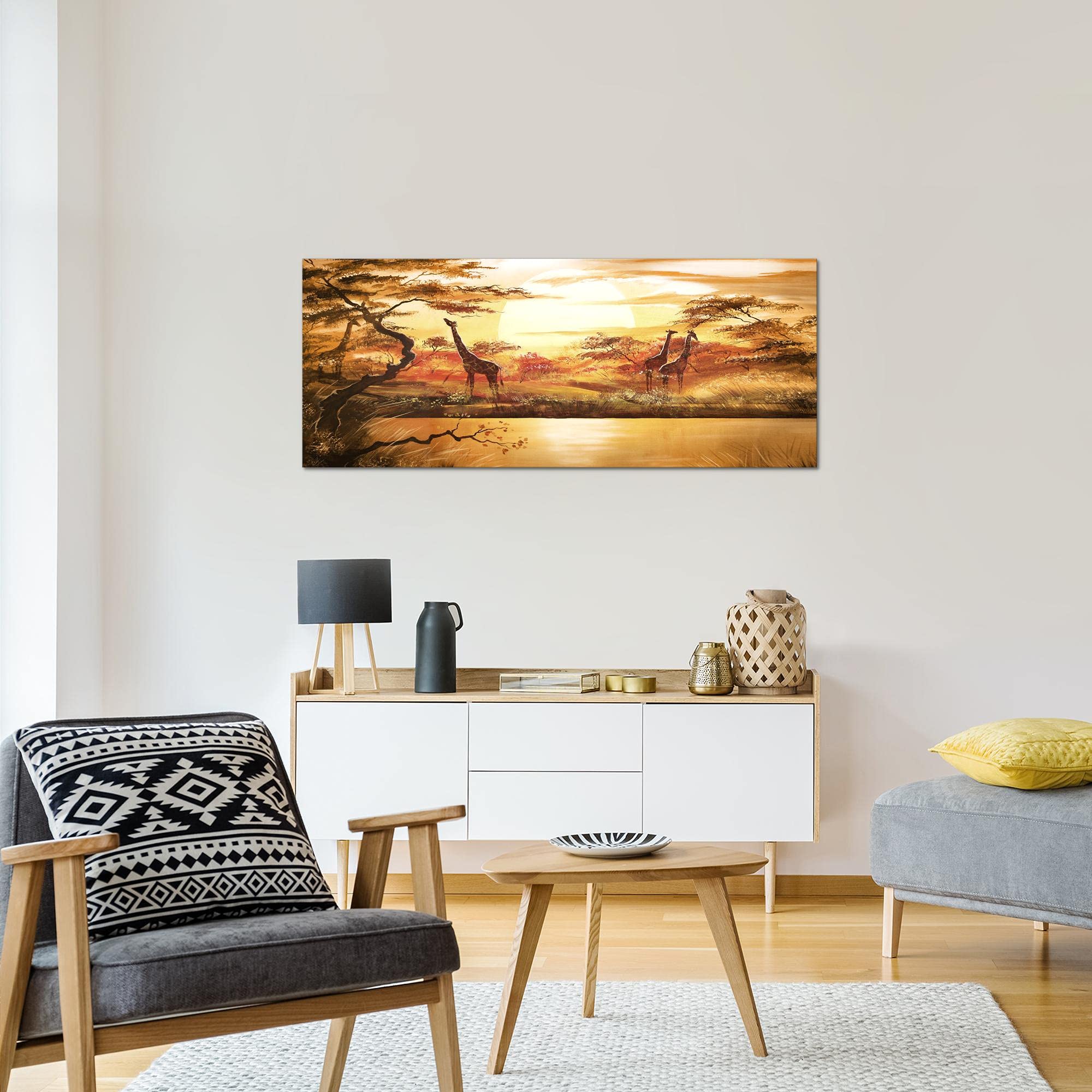 Quadro Moderno Africa Tramonto Con Giraffa Ed Elefante | Stampa Su Tela Non Tessuta | 1 Pezzo - Foto 2