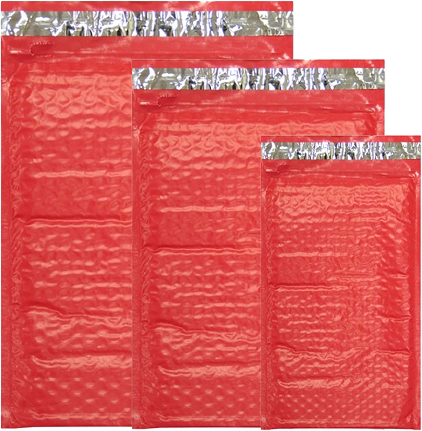 30 Assorted, 4x8, 6x10, 8x12 Inch Colored Poly Bubble Mailers, All 3 Sizes, Self Sealing Padded Envelopes with Kiss Lip Stickers (Red)