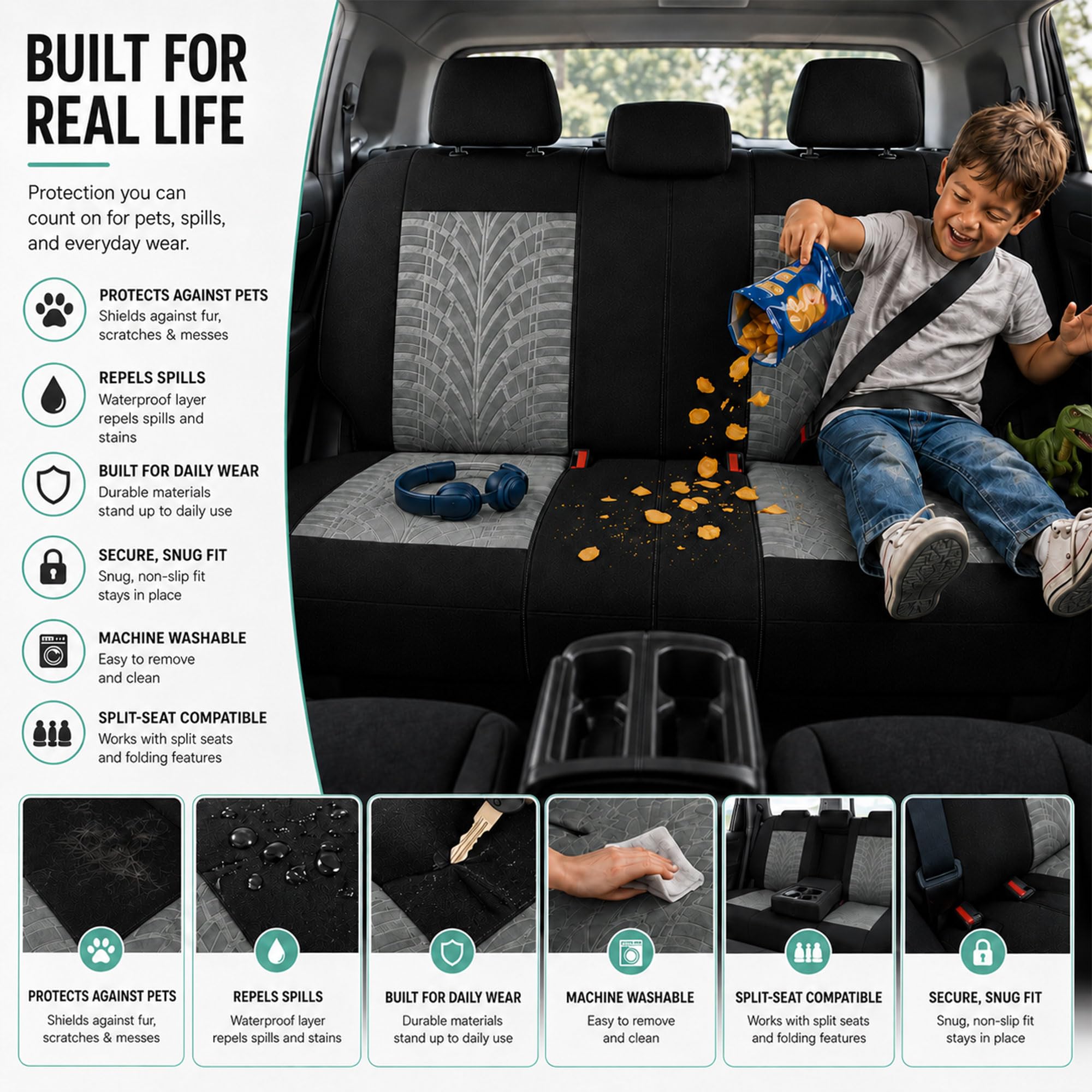 FH GROUP Juego Completo de Fundas de Asiento de automóvil, de Tela, Ajuste Universal, compatibles con Bolsa de Aire, Asiento Trasero Dividido, Lavables, para SUV, sedán