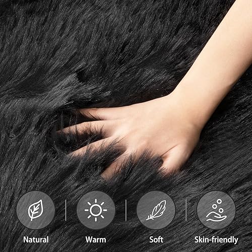 Miniatura 4 de Ciicool Alfombra esponjosa de piel sintética negra para dormitorio, sala de estar, alfombra gruesa y mullida para cuarto de bebé, alfombras de felpa