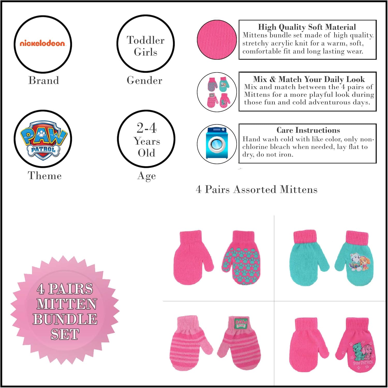 Nickelodeon Girls Paw Patrol 4 Pack Mitten or Glove Set: Clothing, Shoes & Jewelry