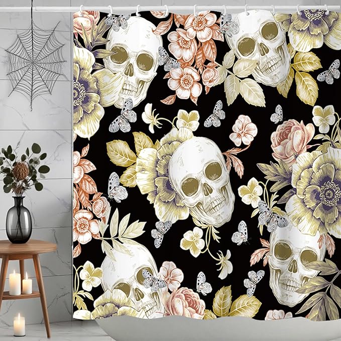 Sugar Skull Shower Curtain, Gothic Halloween Horrier Skeleton Shower Curtains for Urban Apartment Bathroom Decor Quick-Dry Fabric Cloth Machine-Washable Waterproof, Halloween Bathroom Decor