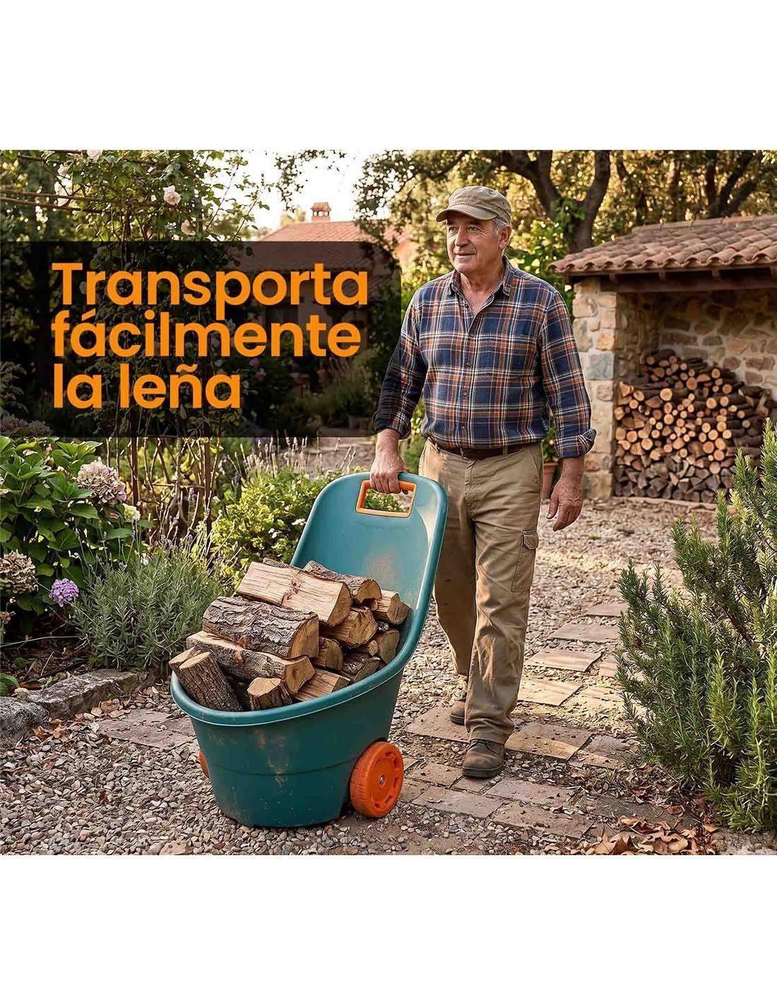 JARDIN202 - Carrito Multiusos de 68 litros Verde/Naranja Jardín, Recolección y Transporte, PVC de Alta Resistencia | 68 litros