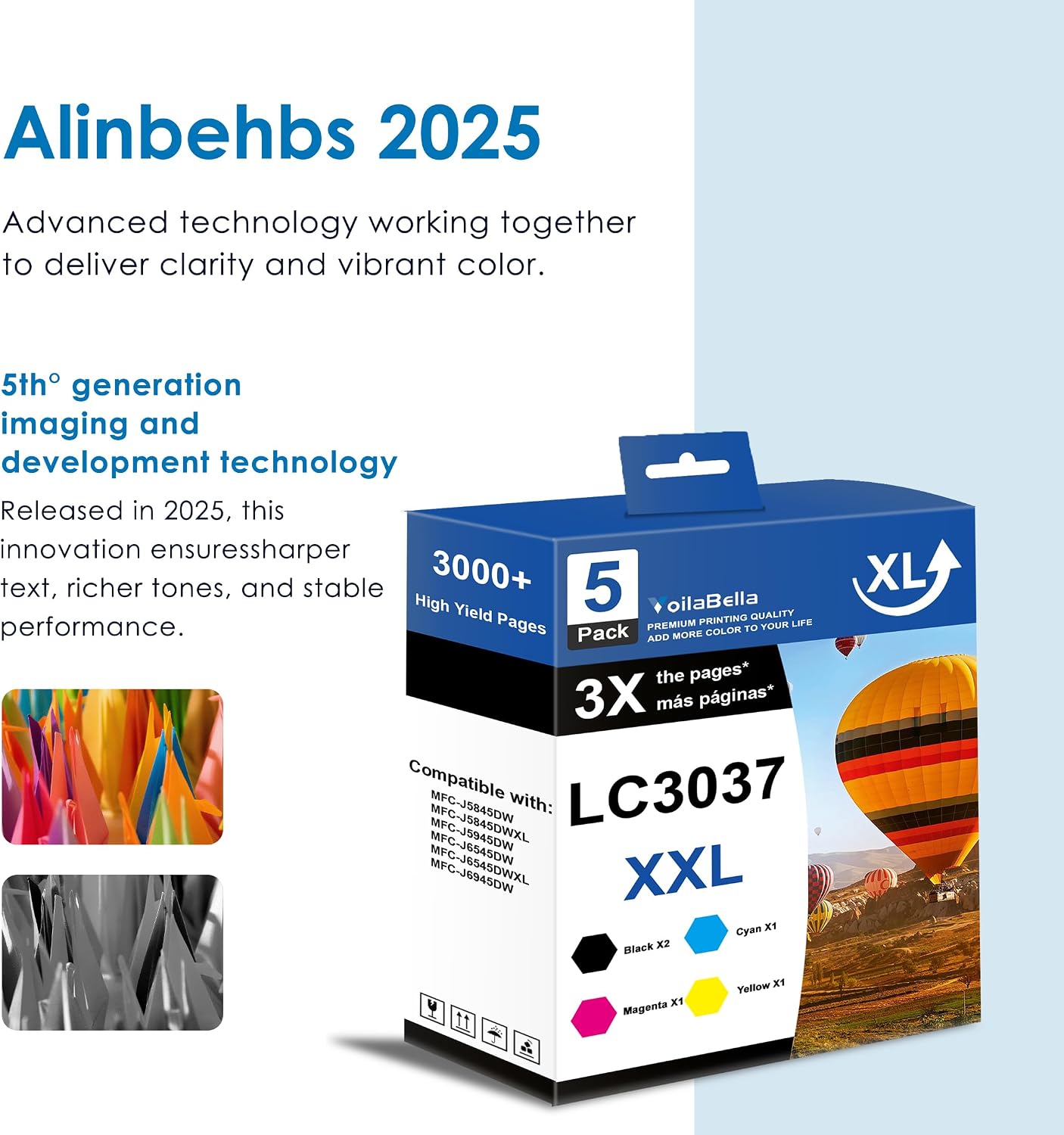 LC3037XXL High Yield Ink Cartridge Set Replacement for Brother LC3037 LC3037XXL Ink Cartridge to use with MFC-J5945DW MFC-J5845DW MFC-J5845DWXL MFC-J6545DW MFC-J6545DWXL MFC-J6945DW Printer (5 Pack)