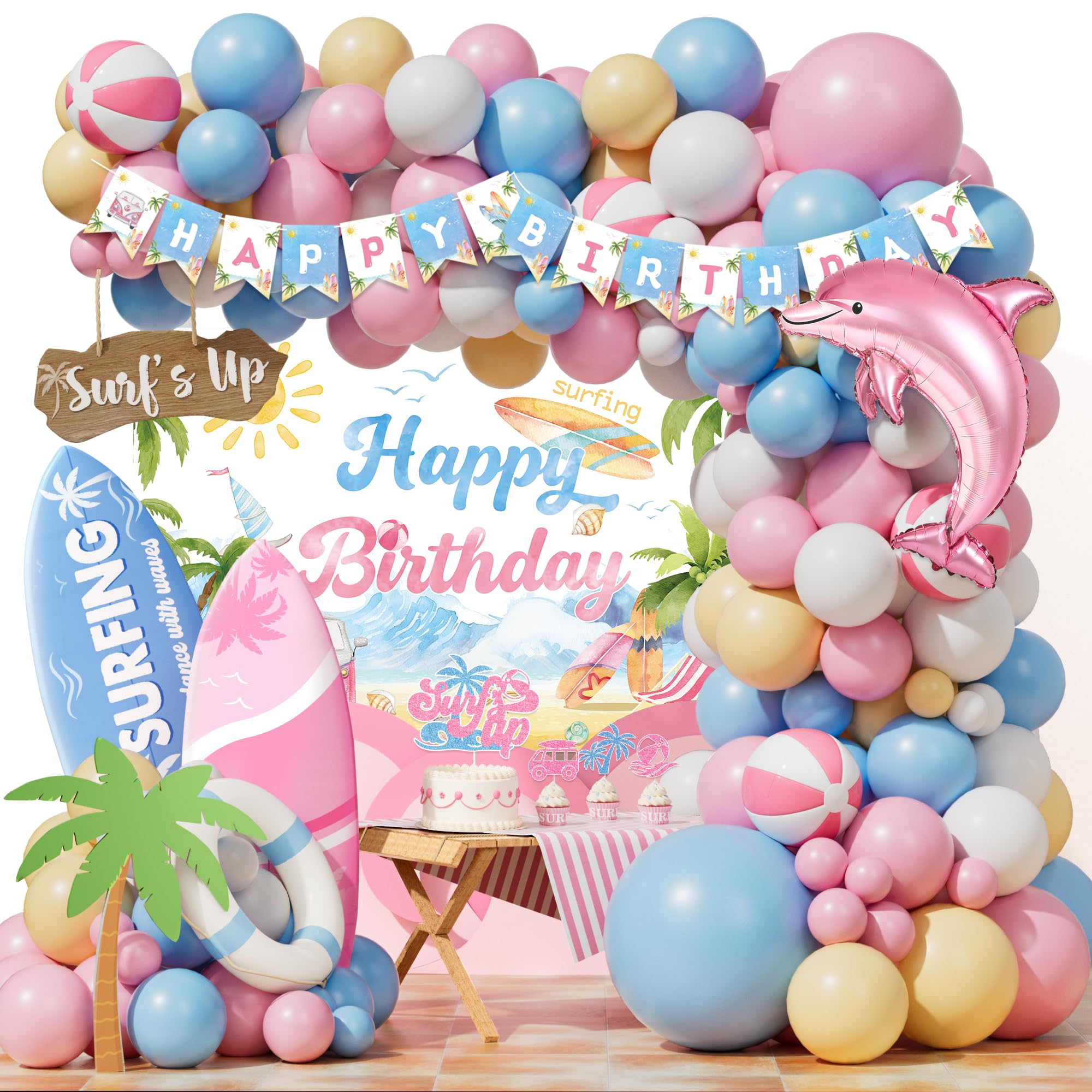 Decoraciones de fiesta de cumpleaños de surf, decoraciones de fiesta de cumpleaños en la playa para niñas, suministros de cumpleaños de olas hawaianas de verano, guirnalda de globos, tabla de surf