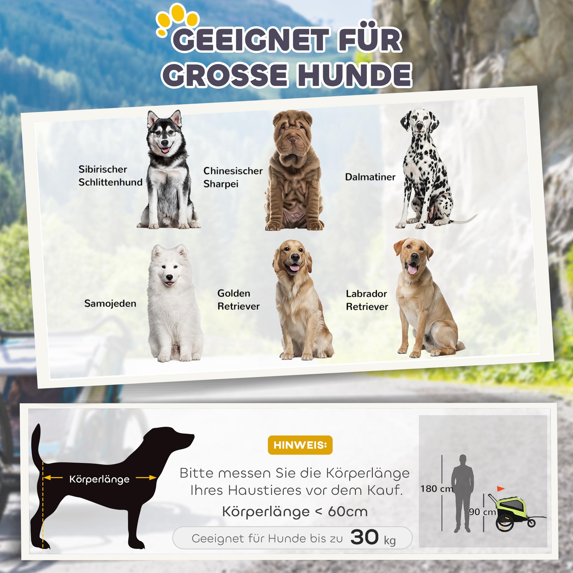 PawHut Rimorchio bici 2 in 1 passeggino per cani grandi con gancio verde | Ruote 20" a sgancio rapido, carrello bici per animali, per viaggio
