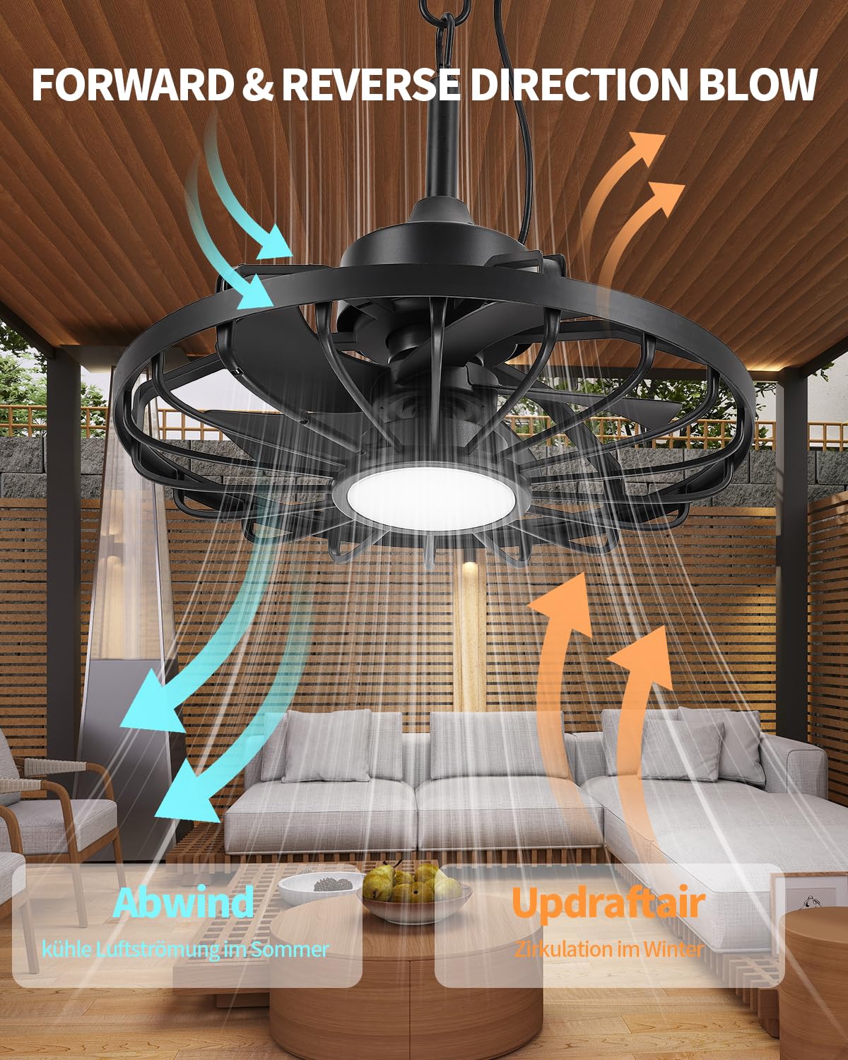 Deckenventilatorleuchte für den Außenbereich, Außenlicht mit Ventilator, IP44 Wasserdicht, 6 Lüftungsgeschwindigkeiten, mühelose Lichtdimmung, für Terrassen, Pergolen, Wohnzimmer, Esszimmer