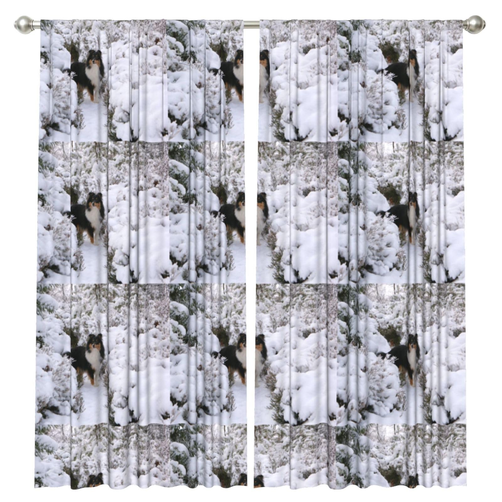 InOmak Winter Sheltie Wallpaper, 2 Panels Window Curtains 52 x 84 Inch Blackout Curtains for Living Room Bedroom