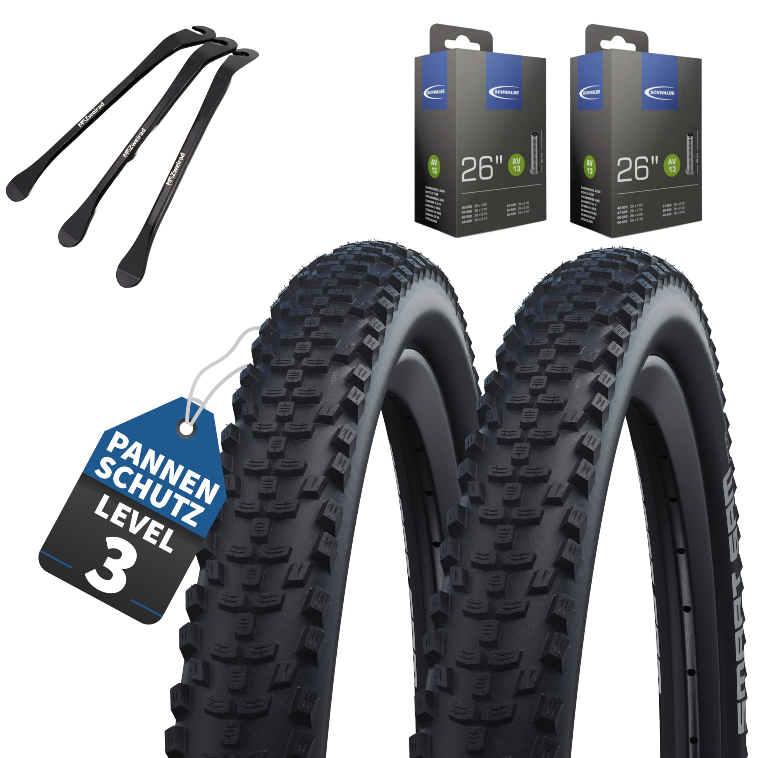 2er Set Schwalbe Fahrradreifen Smart Sam K-Guard HS624, 26 Zoll x 2.10 Zoll (54-559), auswählbar mit Schläuchen AV/DV/SV/Ohne + 3 MSZweirad Reifenheber