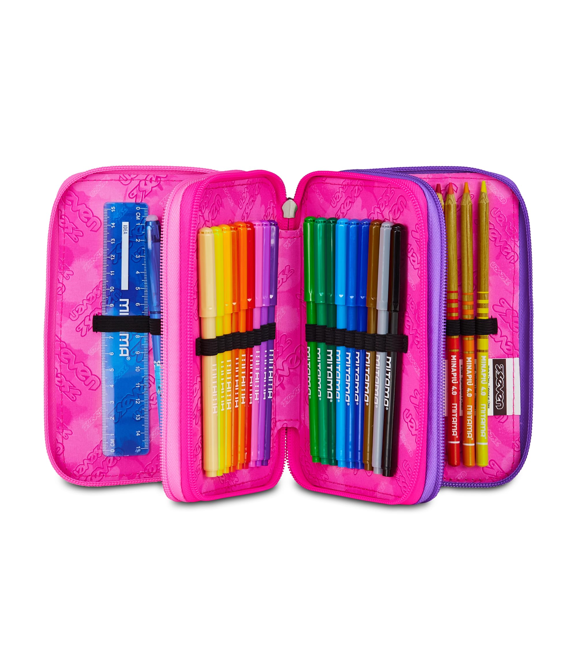 Seven Bundle Zaino Doppio Scomparto Estensibile, Rosa, Schienale Preformato, Bambina e Ragazza, Scuola + Astuccio 3 Zip, Rosa, Portapenne Triplo Scomparto Completo Di Penne, Matite, Colori