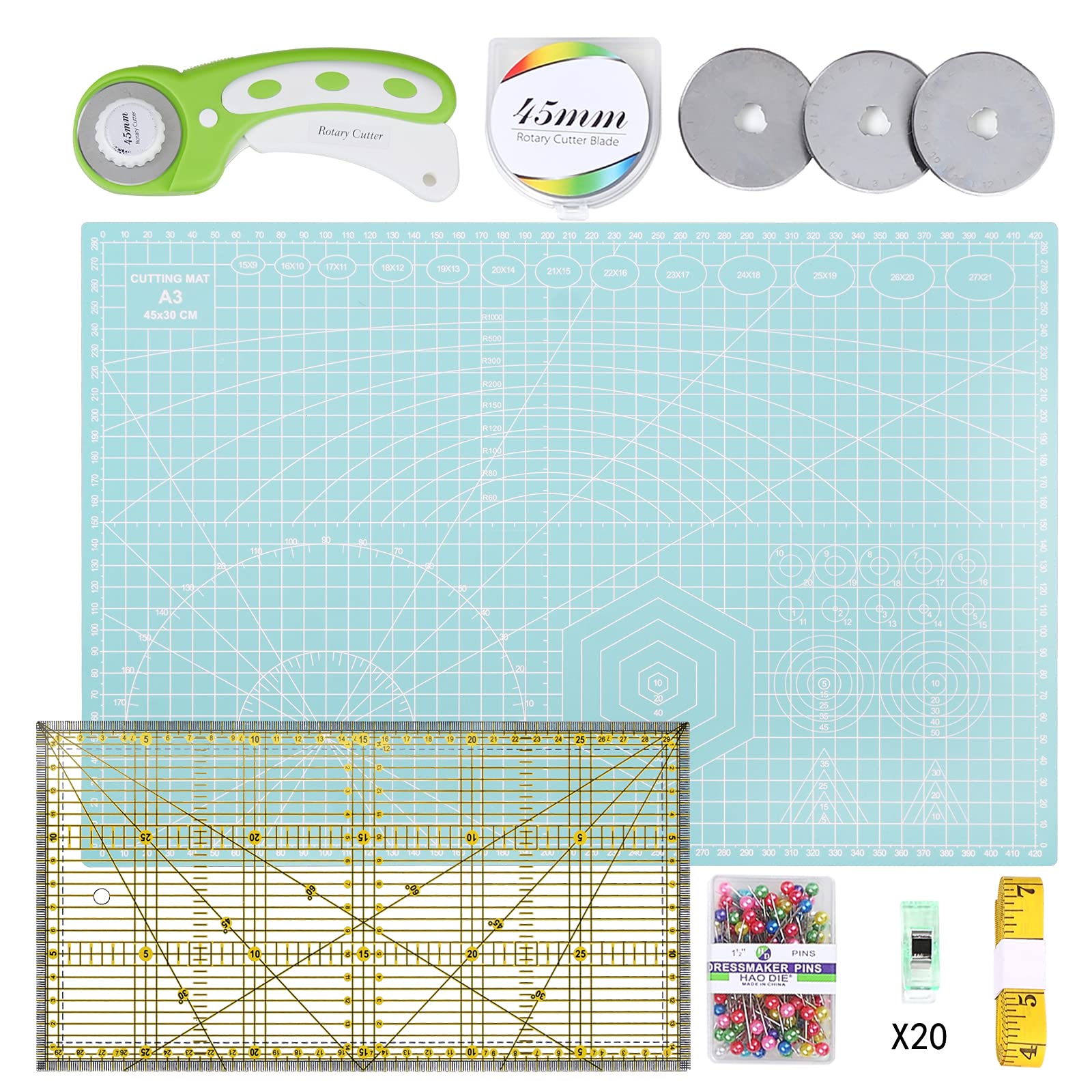 INTLMATEA3 Cutting mat Set Fabric Cutter Tool Kit Including 17inches self-Healing Cutting mat,45mm Rotary Cutter with 3 Replacement Blades,Acrylic Quilting Ruler,Patchwork Ruler,20 Clips,100 pins