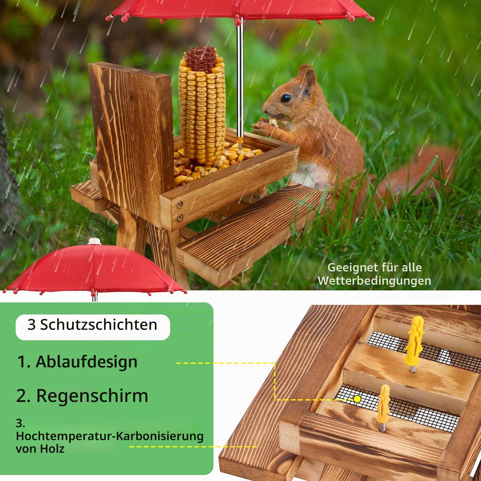 MIXXIDEA Eichhörnchen-Futterstation Picknicktisch mit hohem Regenschirm, Eichhörnchen-Futterspender aus Holz für draußen, niedlicher Streifenhörnchen-Futterspender mit Maiskolbenhalter, solide