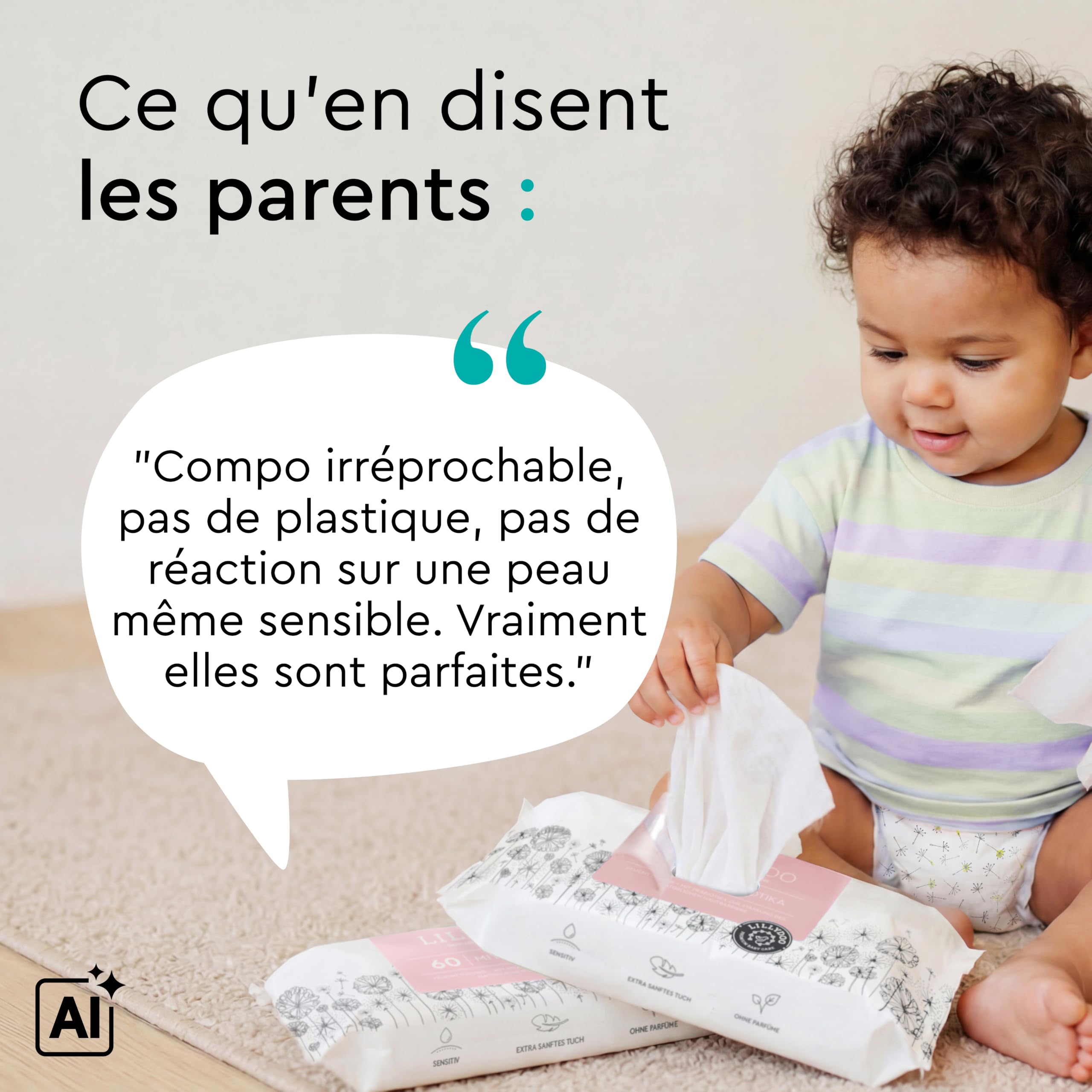 Lingettes avec prébiotiques LILLYDOO, 600 unités (10x60), renforcent la barrière naturelle de la peau, tissu 100% sans plastique, douces et sans parfum, testées dermatologiquement
