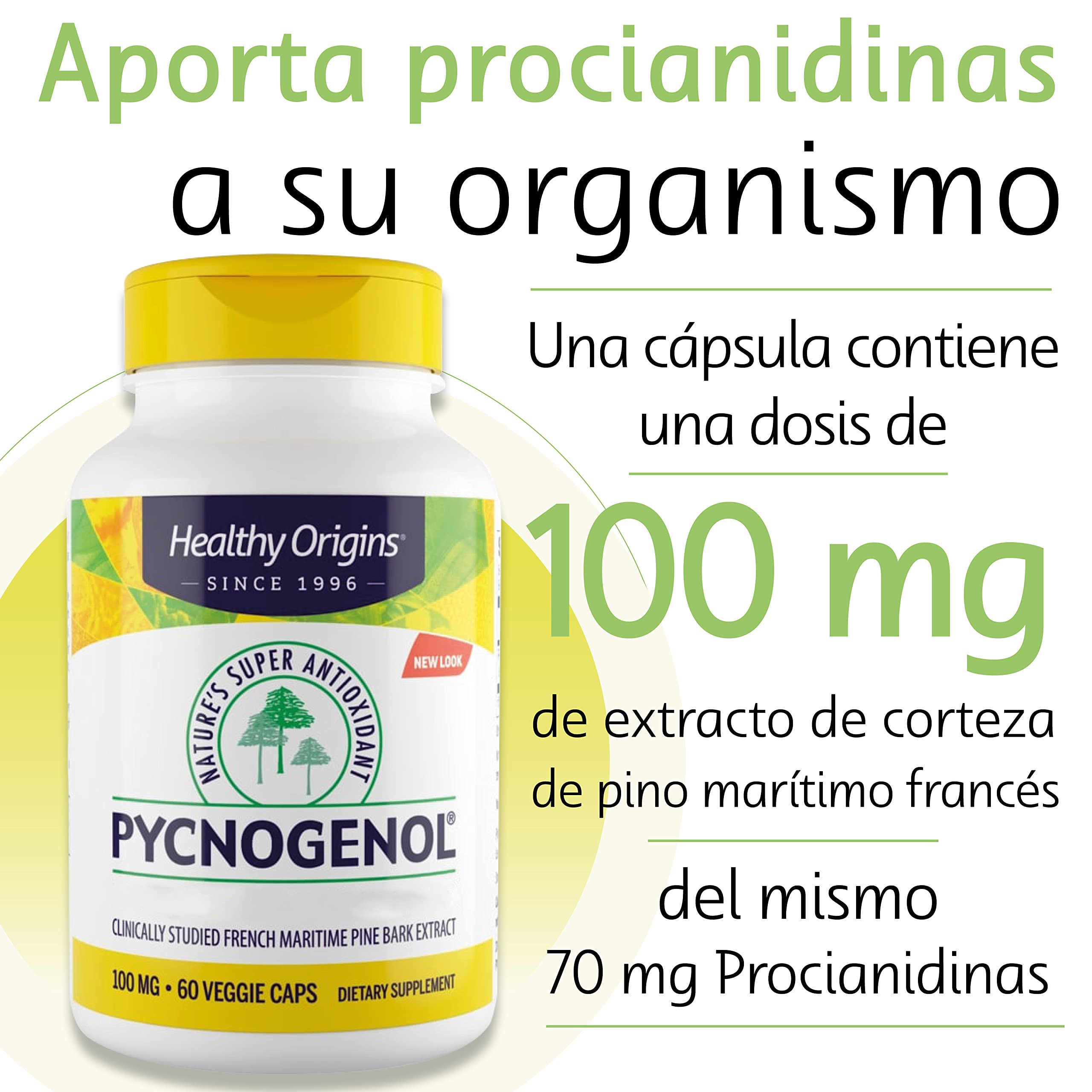 Healthy Origins, Pycnogenol, 100mg, 60 Cápsulas veganas, Probado en Laboratorio, Pino Marino, Sin Gluten, Sin Soja, Vegetariano