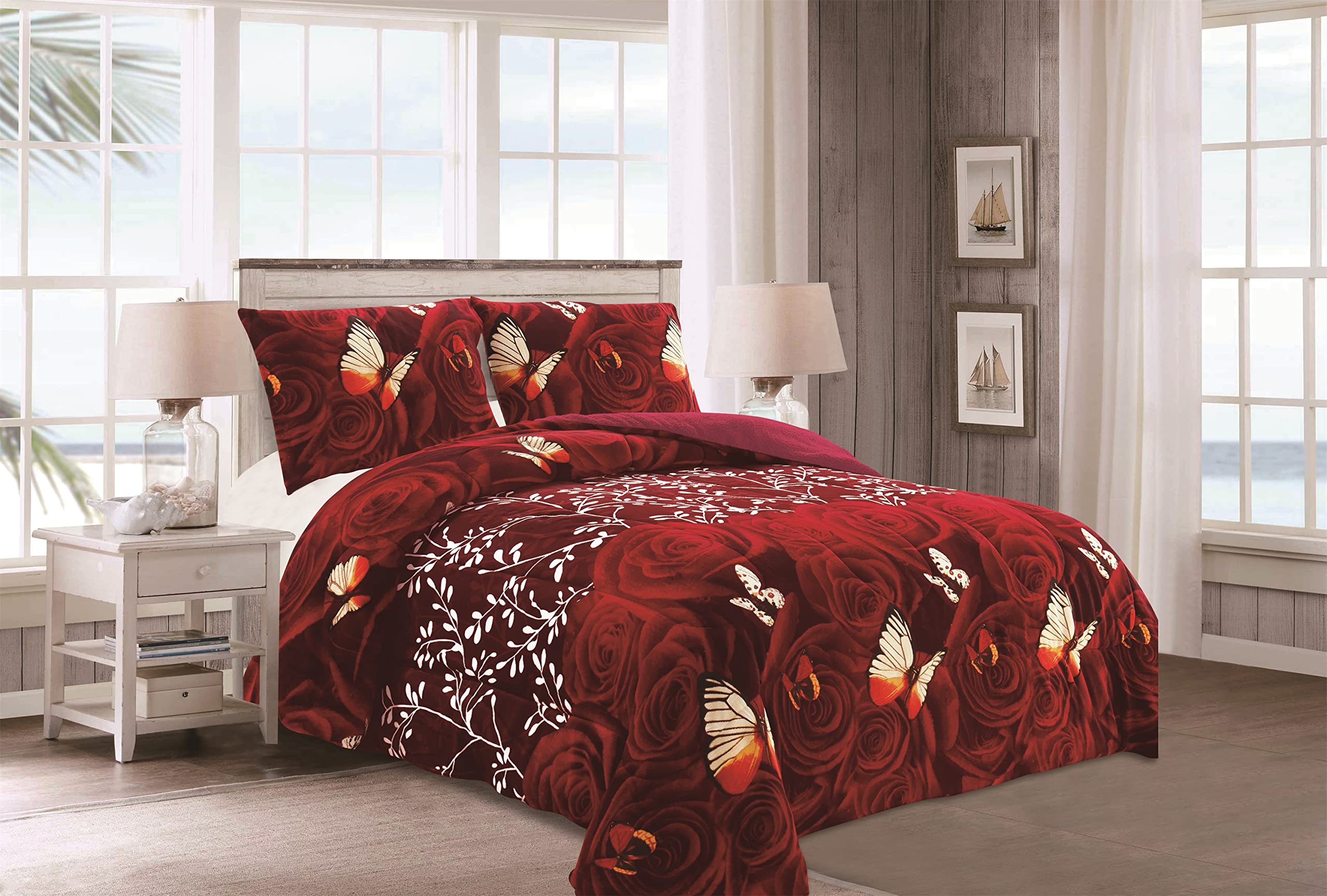 3 Pieces Soft and Warm Flannel Borrego/Blanket with Sham/Pillow Case Set (Rose with Butterfly, Queen (U.S. Standard))