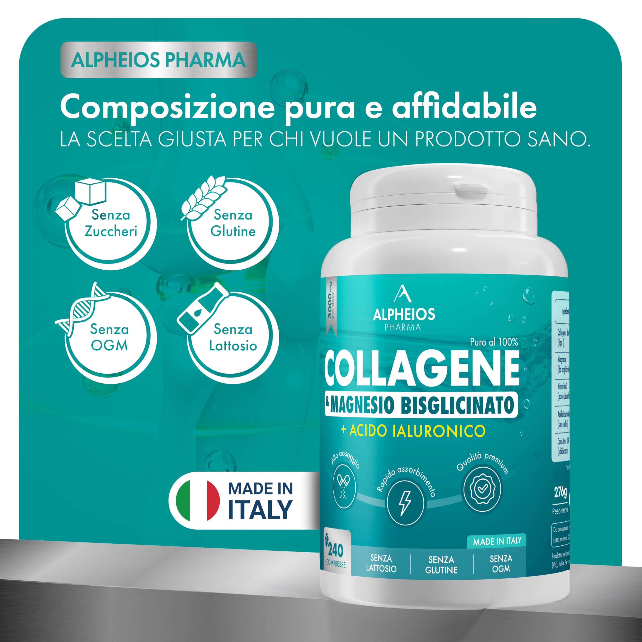 Collagene e Acido Ialuronico + Magnesio Bisglicinato – 240 Compresse, 3000 mg Collagene Idrolizzato con Vitamina C e Coenzima Q10 | Integratore Articolazioni, Ossa, Pelle ed Energia