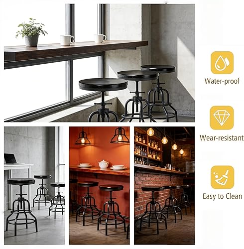 Miniatura 9 de LOKKHAN Vintage Industrial Bar Stool - Rustic Swivel - Round Wood Metal - Kitchen Counter Height Adjustable - Pipe Stool - Cast Steel - 20-27 Inch