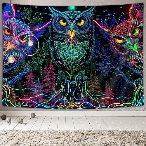 Miniatura 3 de JAWO Tapiz psicodélico de búho, diseño de línea de bosque trippy, tapiz para colgar en la pared para dormitorio, luna, animal, pájaro, luz negra,