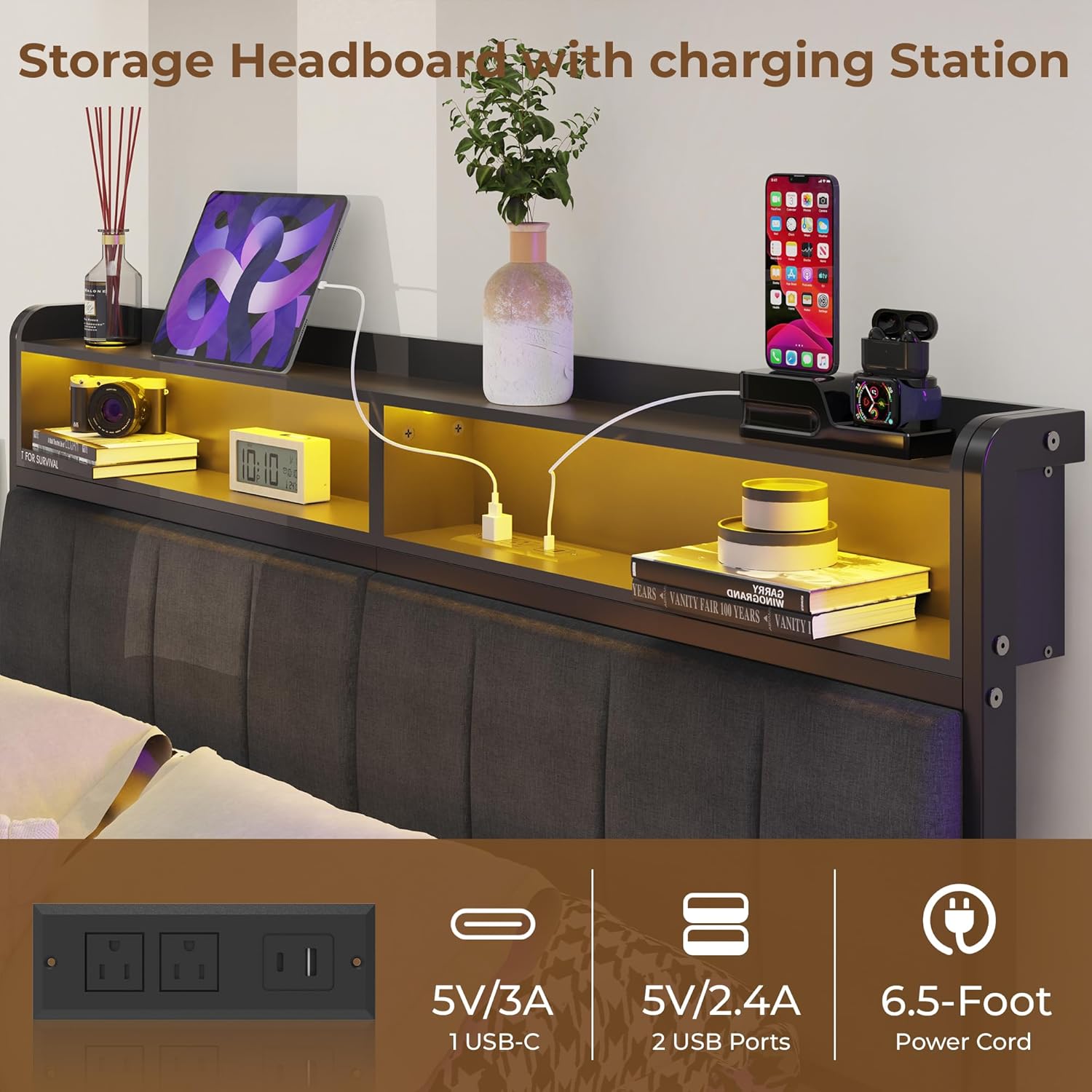 Close-up of the headboard storage and charging station with USB and Type-C ports