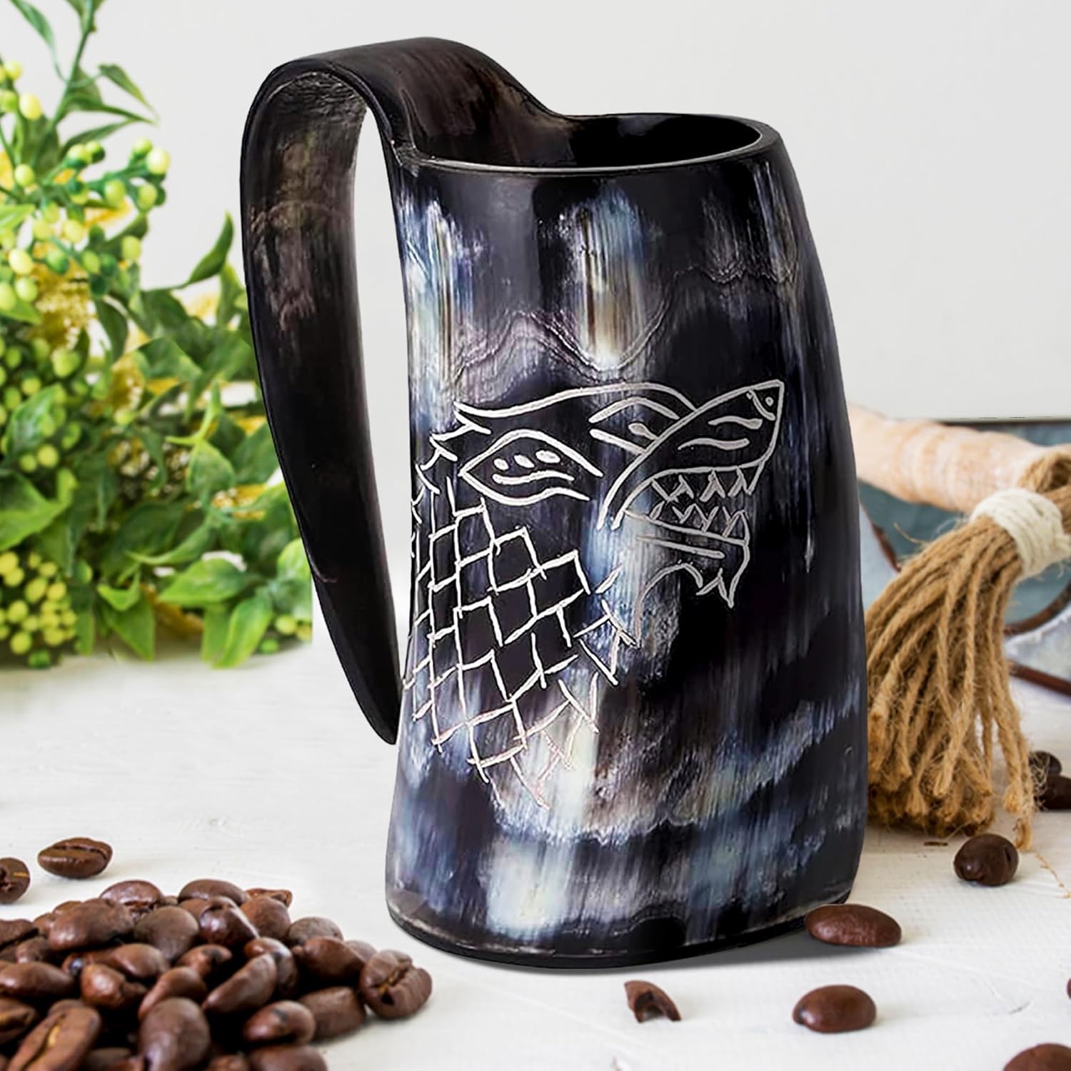 Viking Drinking Horn Mug Set (6 Pcs. Set) Tankard, Leather Strap, Bottle Opener, Shot Glass, 16 Oz. Dire-Wolf Engraved