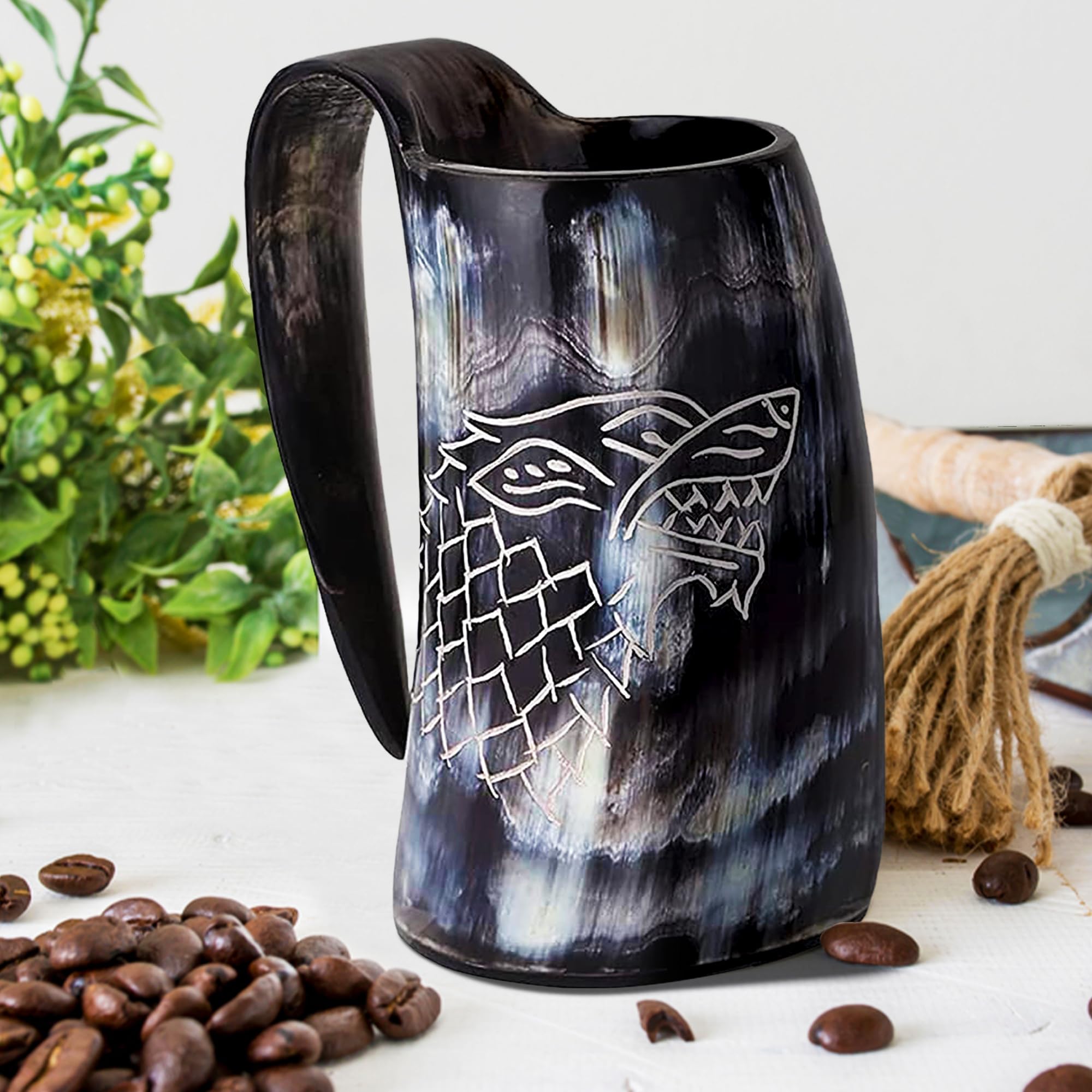 Viking Drinking Horn Mug Set (6 Pcs. Set) Fenrir Viking Horn Tankard, Leather Strap and Horn Stand, Horn Bottle Opener, Shot Glass, 16 Oz Horn Mug with Dire-Wolf Engraved
