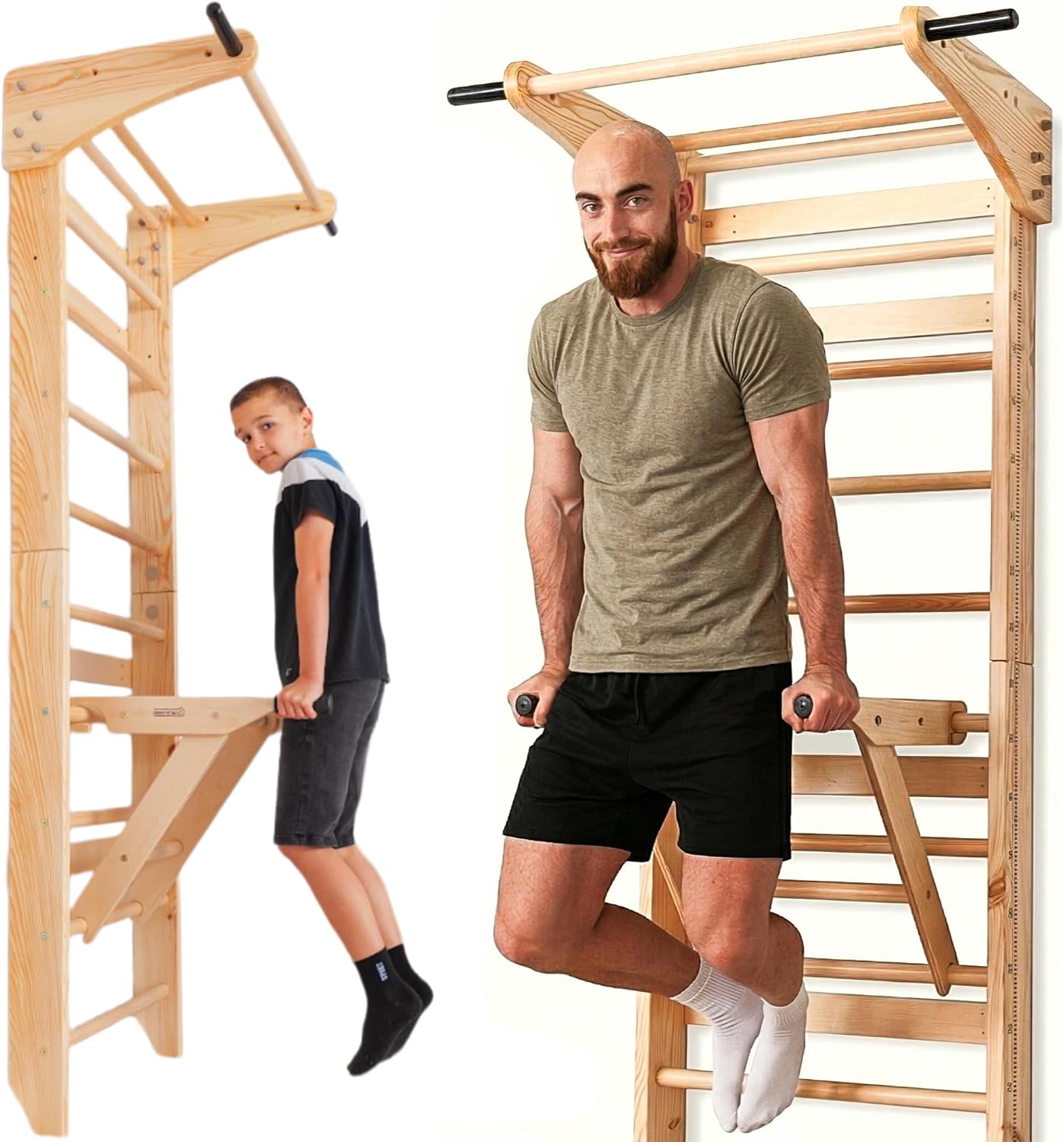 Swedish Ladder Wall Bars for Exercise with Pull-Up Bar & Dip Station – Wall Mounted Wooden Stall Bars Home Gym for Adults & Kids, Strength Training Wall Workout Equipment, Supports Up to 330 lbs