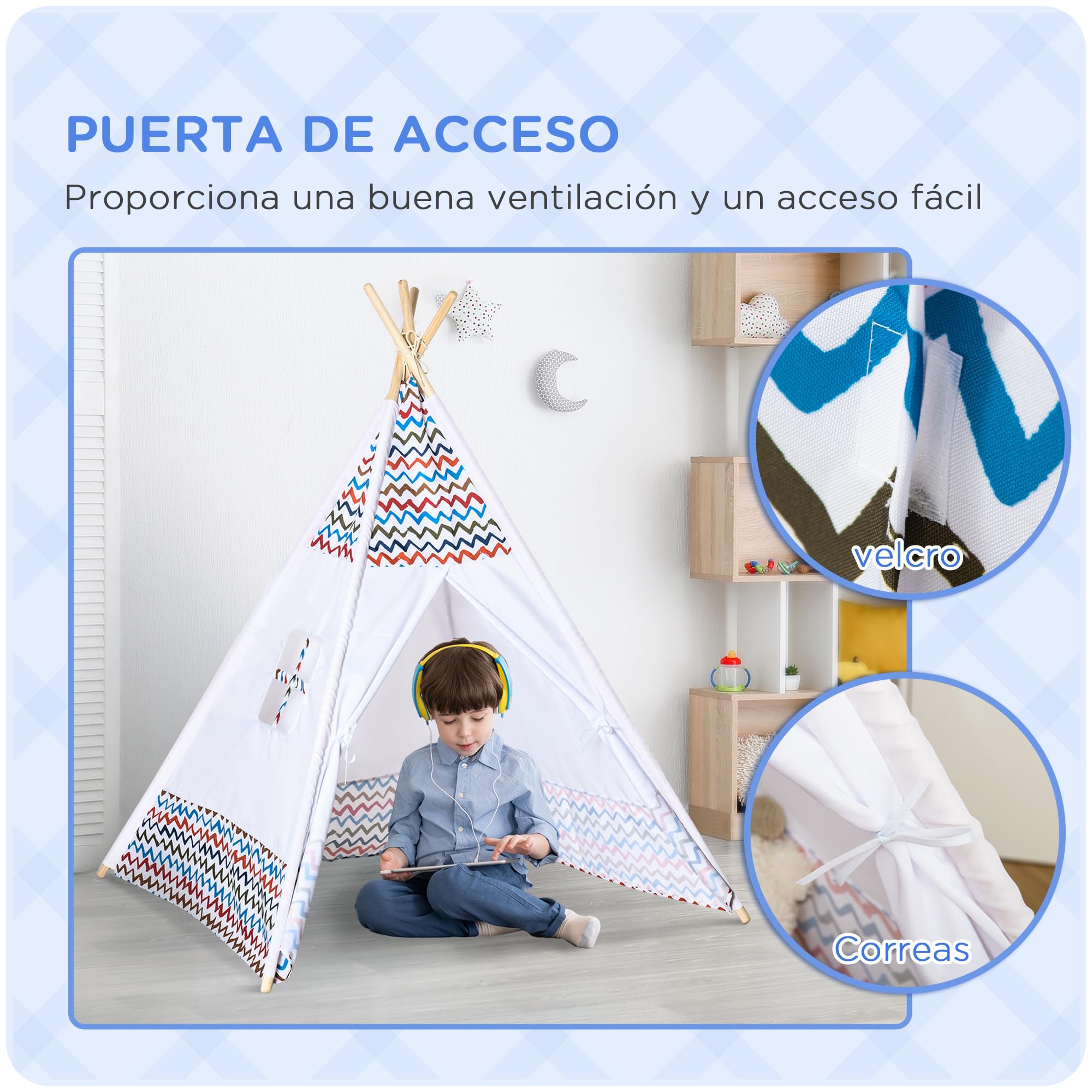 HOMCOM Tienda de Campaña para Niños de +3 Años Tipi Infantil de Madera Portátil con Ventana para Interiores y Exteriores 120x120x155 cm Blanco