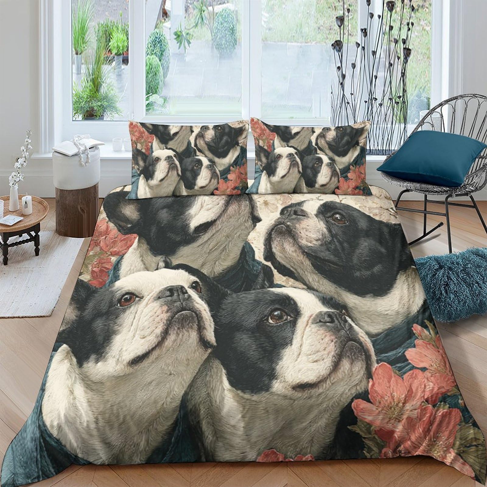 Ctjqhvkz Style-4 3D Printed Boston Terrier Dog Fitted Sheet Microfiber Soft Breathable Autumn Leaves Mattress Cover For Bedroom Dorm Decor Single（135X200cm）