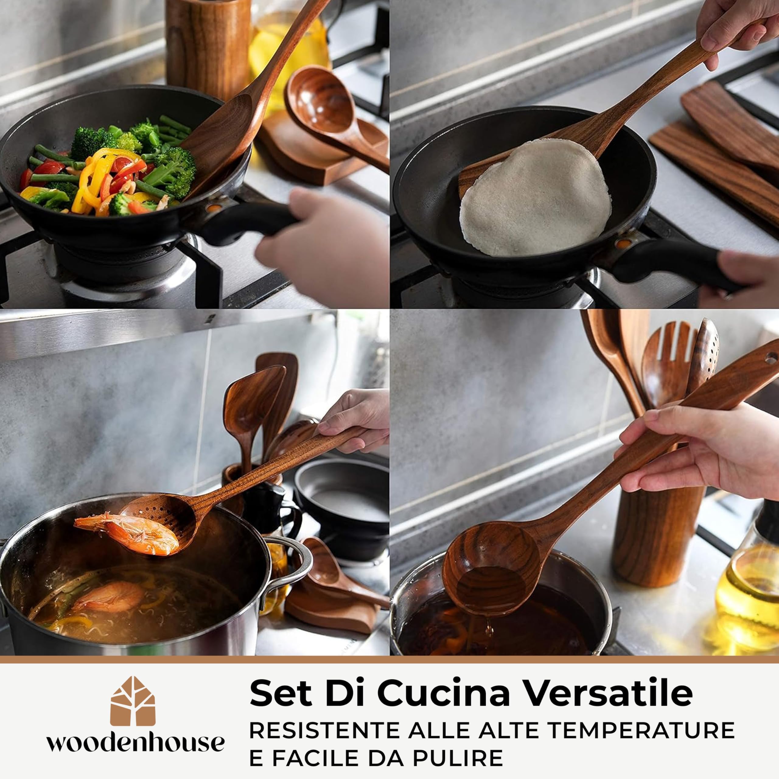 Woodenhouse - Set di 12 Pezzi di Utensili da Cucina in Legno di Teak con Supporto, Porta Cucchiaio e Ganci Nonstick