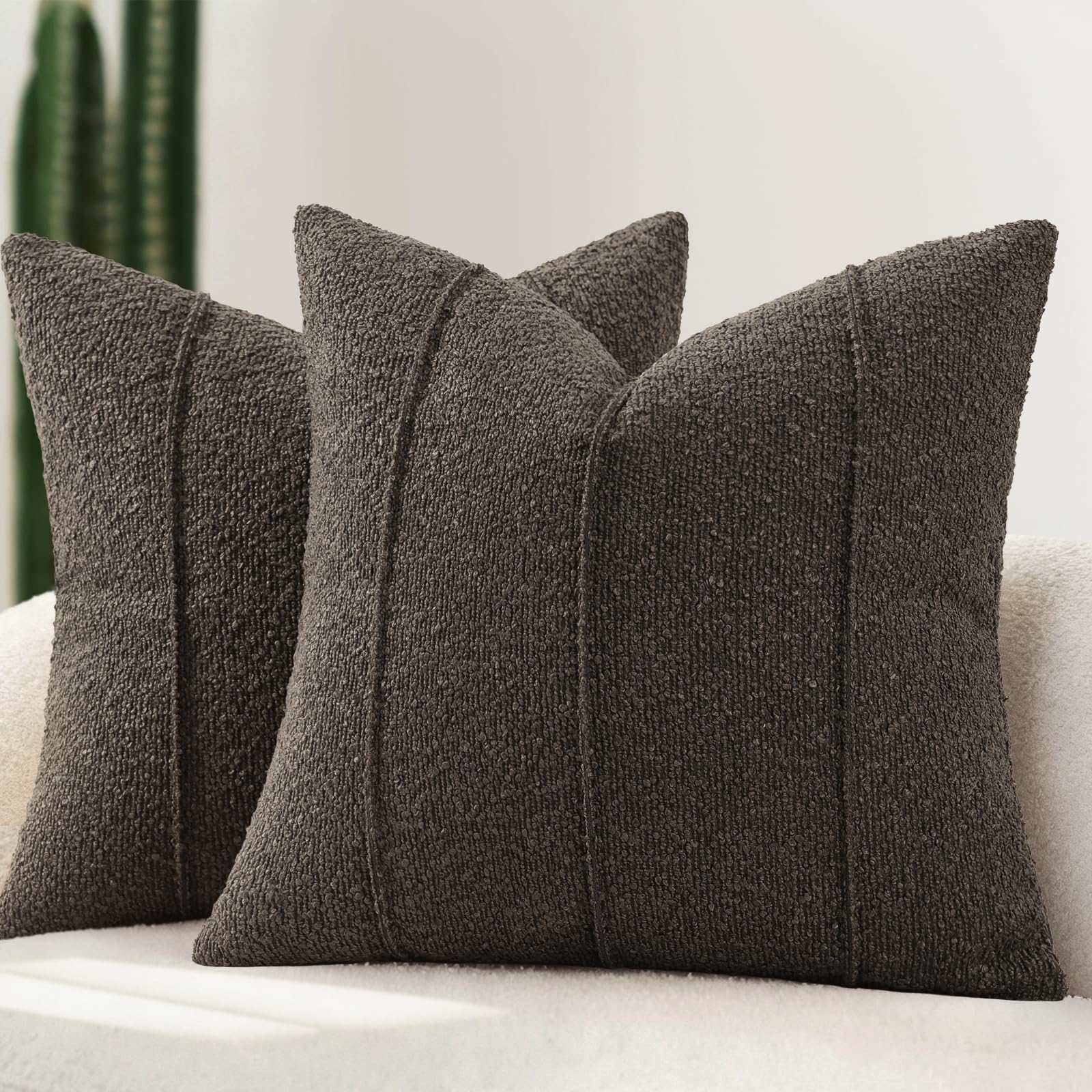 YCOLL Textured Bouclé Cushion Covers 40x40 Pack of 2 – Soft Dark Grey Decorative Cushions for Sofa, Bed & Living Room, Modern Home Décor, Comfortable & Luxurious Accent with Neutral Stripes
