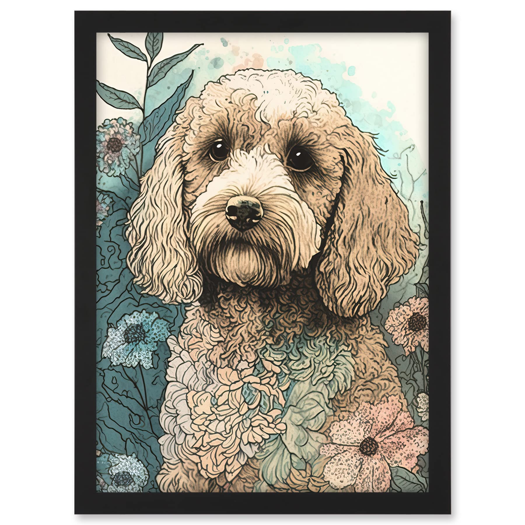 Artery8 Cockapoo Dog in Wildflower Field Pastel Watercolour Illustration Artwork Framed A3 Wall Art Print