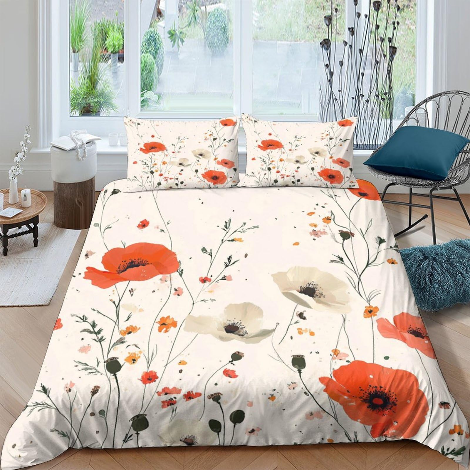 Ctjqhvkz Style-2 3D Printed Red Poppy Flower Fitted Sheet Microfiber Soft Breathable Meadow Bed Cover For Bedroom Guest Room Decor Single（135X200cm）
