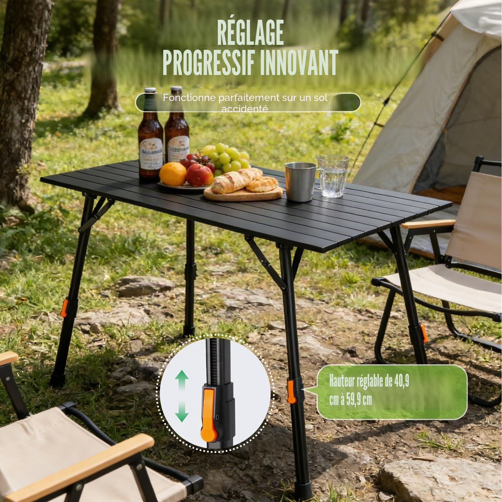 Table Pliante Exterieur Table Camping Pliante Table de Camping en Alliage d'aluminium avec Plateau sans Montage et Pieds Réglables en Hauteur à l'infini Table de Jardin 95cm*52cm