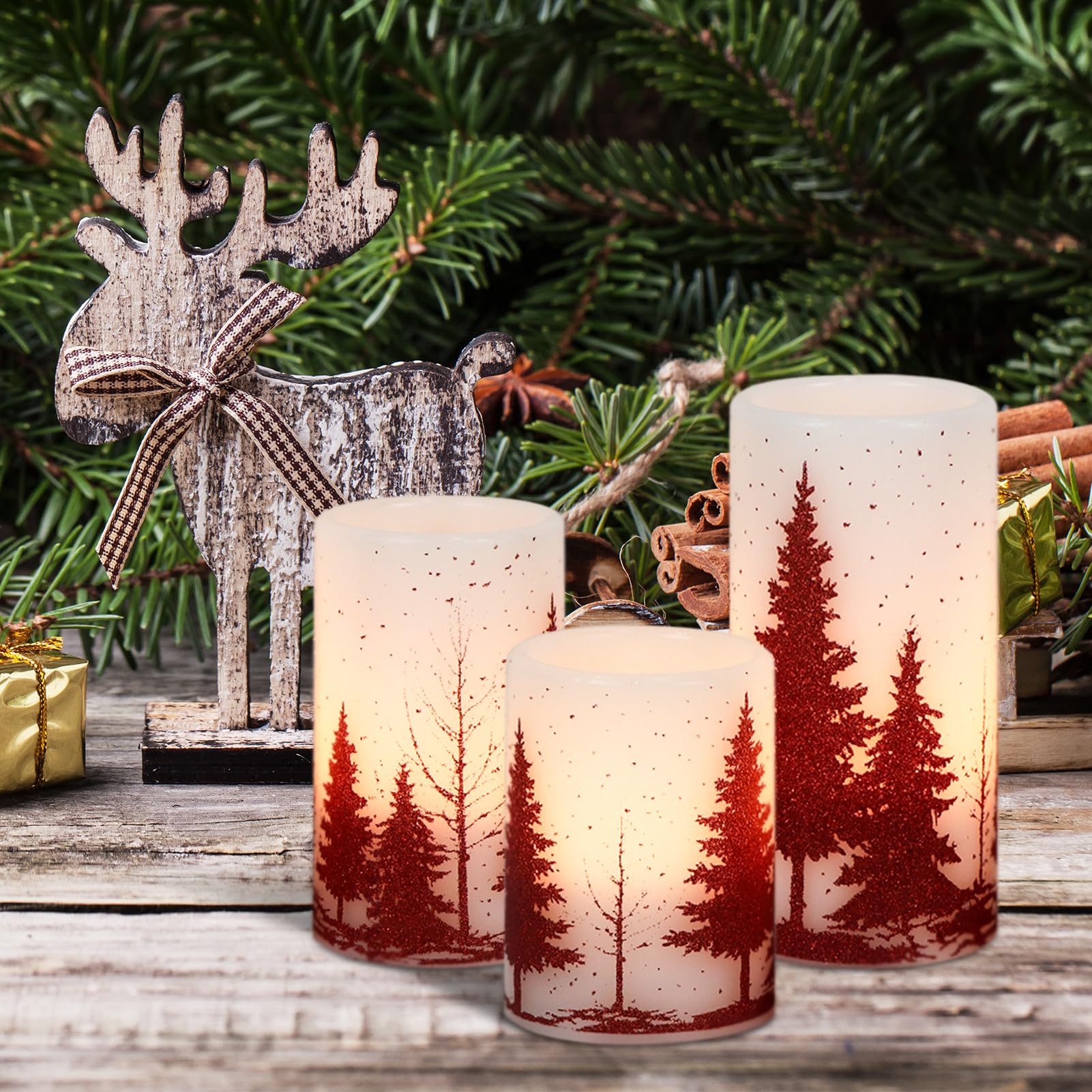 GenSwin Candele natalizie senza fiamma con timer, candele tremolanti a LED rosse in vera cera, confezione da 3 candele finte a pilastro, per interni ed invernali, caminetti e tavoli decorativi (7,6 x