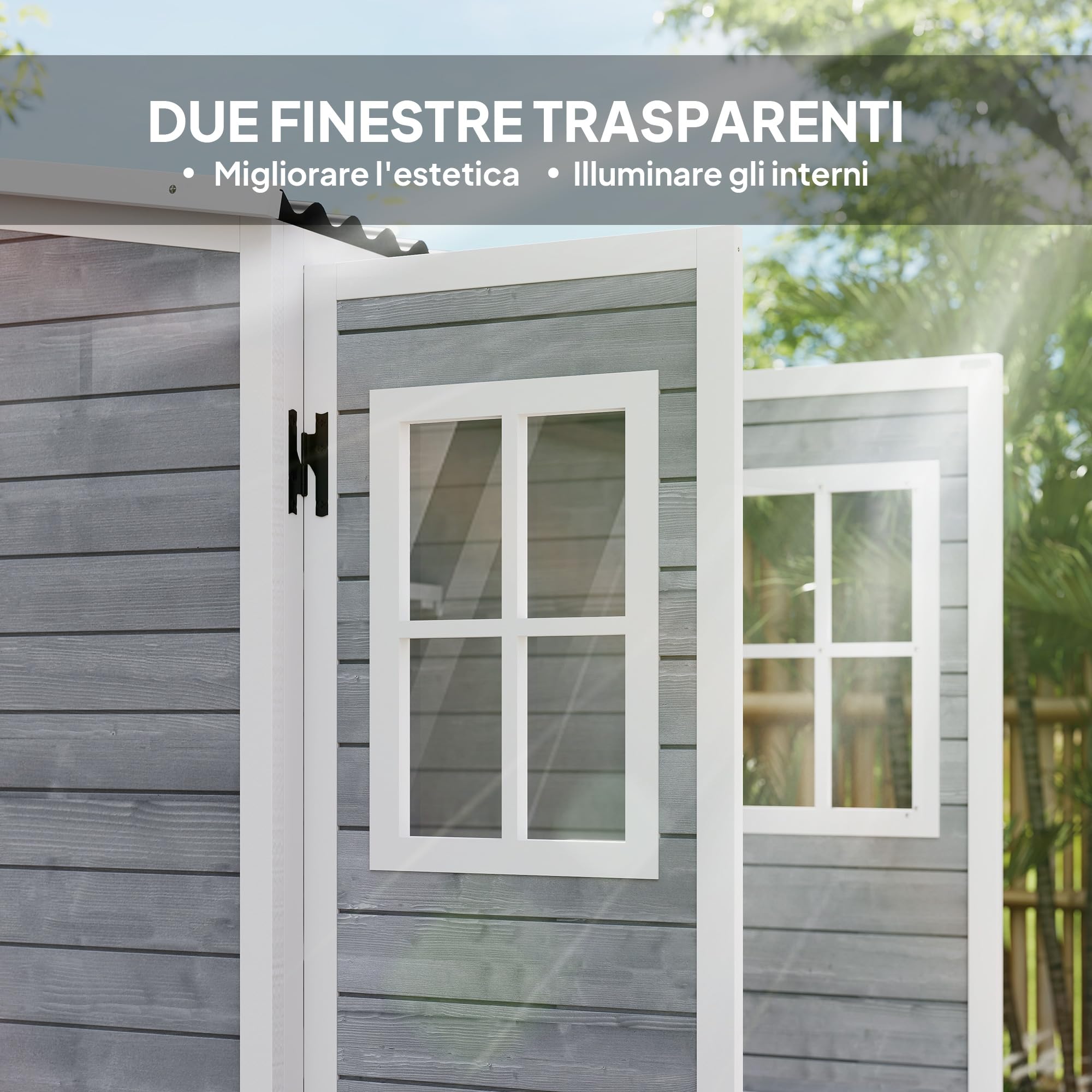 Outsunny Capanno Porta Attrezzi da Giardino in Legno di Abete con 2 Finestre e Ripiani Regolabili, Casetta Attrezzi Giardino Bloccabile, Tetto Spiovente per Patio Terrazza, 91x69x192cm, Grigio Chiaro