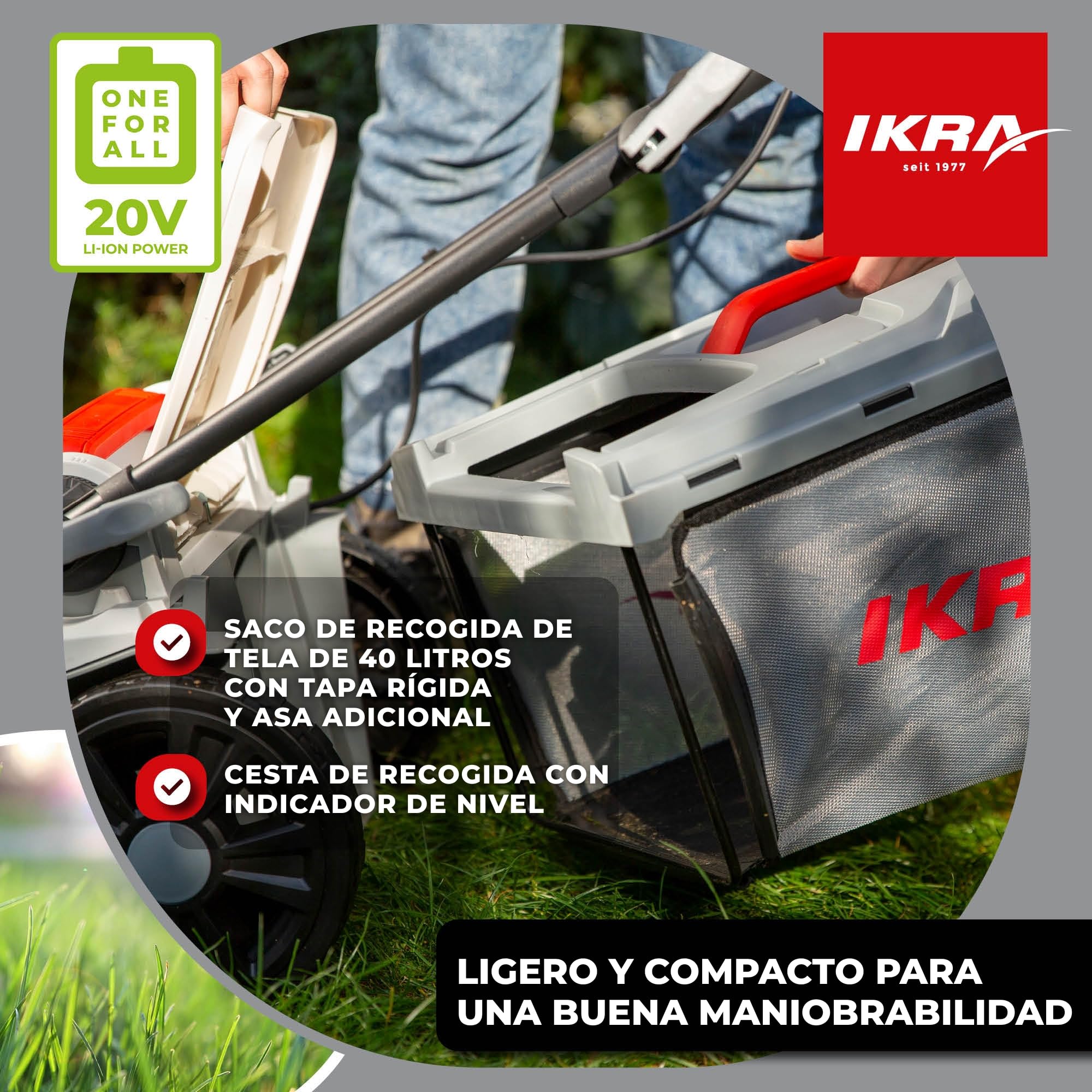 IKRA cortacésped ICM 2/2037, Ancho 37 cm, 2 baterías de 20 V y Cargador | Altura de corte 25-75 mm, cortacésped con mulching para céspedes de 250 m², bolsa 40 l, gama de baterías de 20 V de IKRA