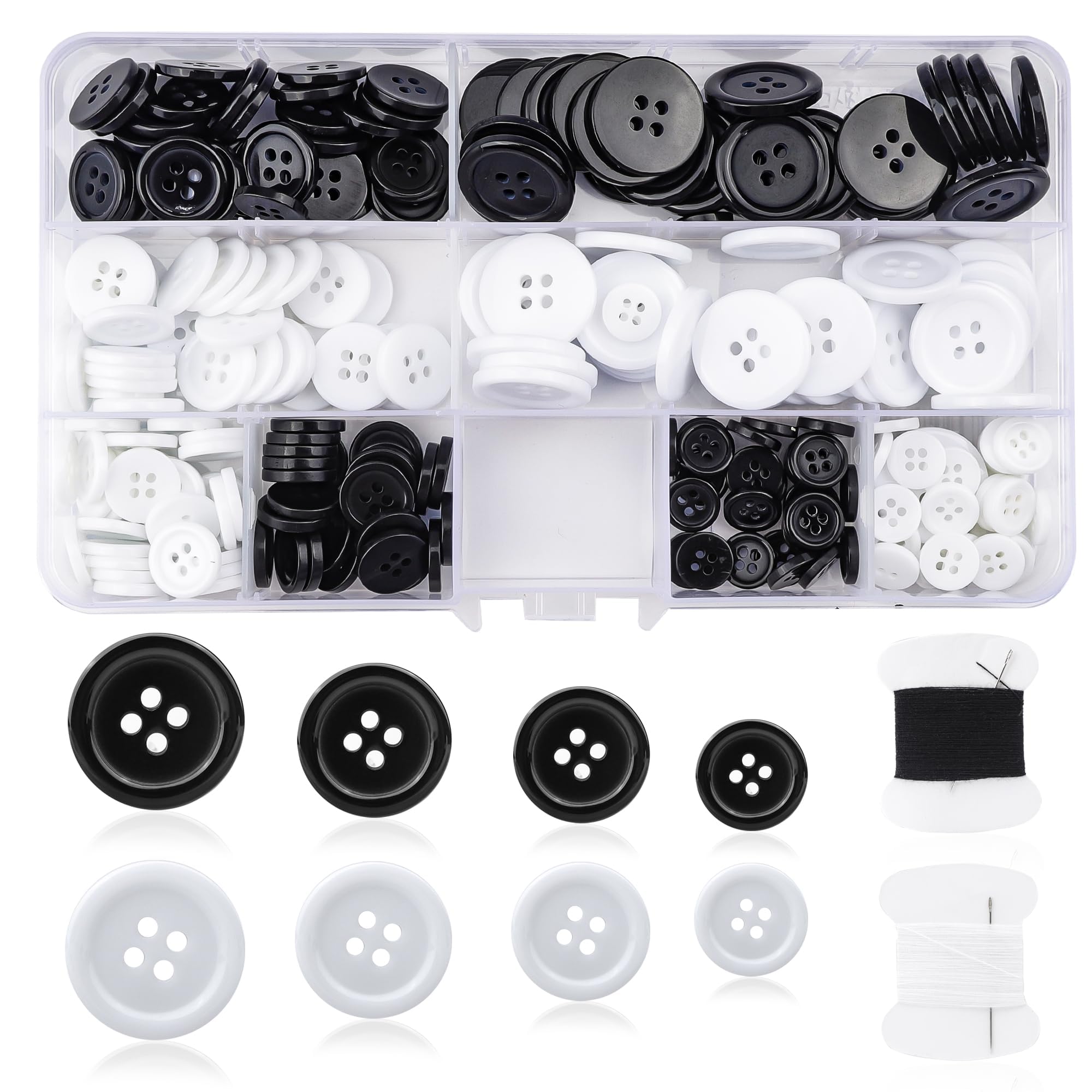 RybtdRybtd 240 Pcs Four-Hole Resin Button 10mm/12.5mm/15mm/20mm Basic Round Button with 2 pcs Sewing Thread for DIY Sewing, Button Replacement,Craft Decorations