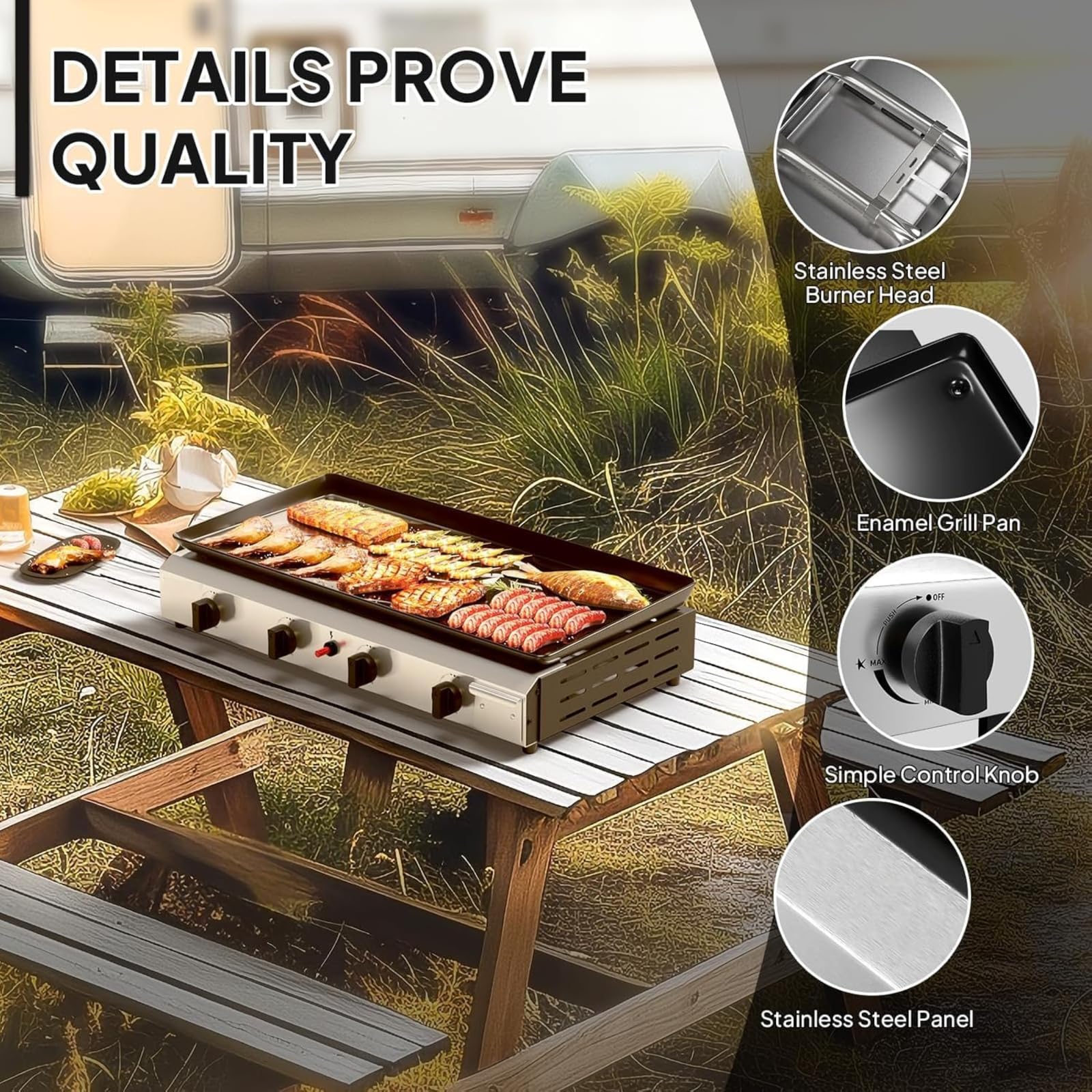 LEADZM Gasgrill, 4 Brennner 9.6KW - Ausgestattet mit einem 50-Mbar-Druckminderventil, Tischgrill für Camping, Garten & Strand