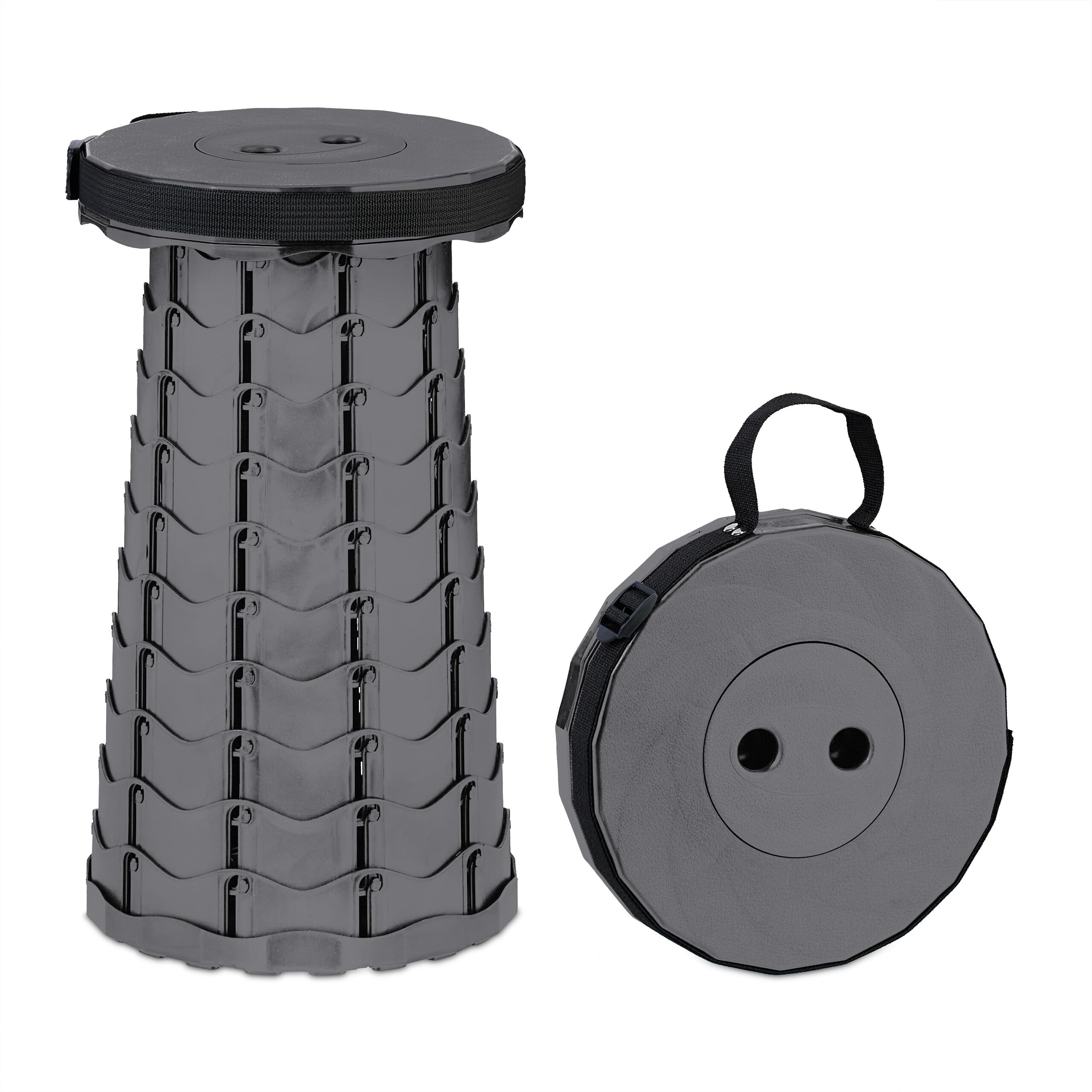 Relaxdays Telescopic Stool, Folding Camping Stool with Strap, Height Adjustable, 44.5 x 25 x 25 cm, Grey