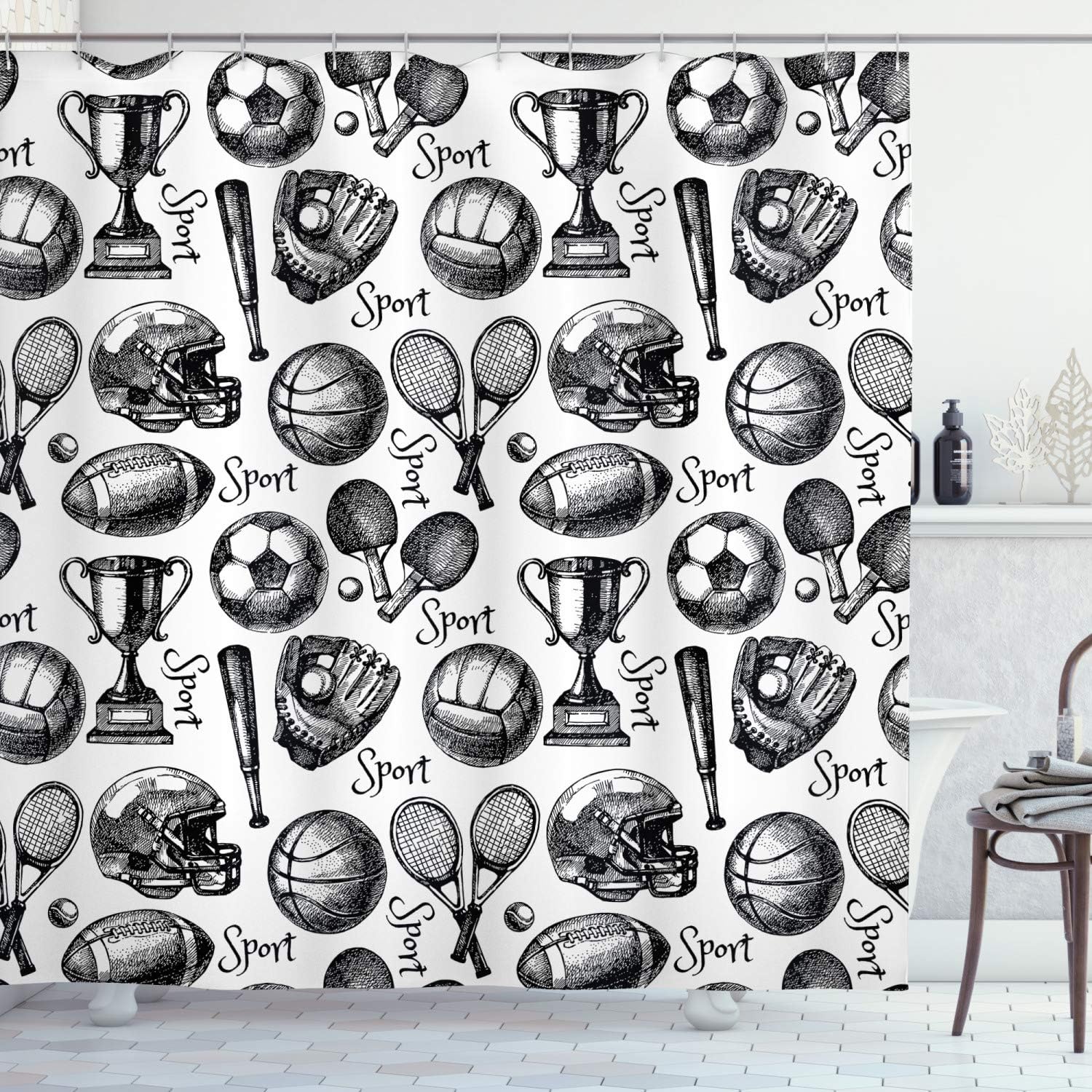 Ambesonne Sports Shower Curtain, Vintage Sketch Art Hobby Theme Pattern of Balls Competition Themed Summer Ping Pong Schoolyard, Cloth Fabric Bathroom Decor Set with Hooks, 69" W x 75" L, Black White