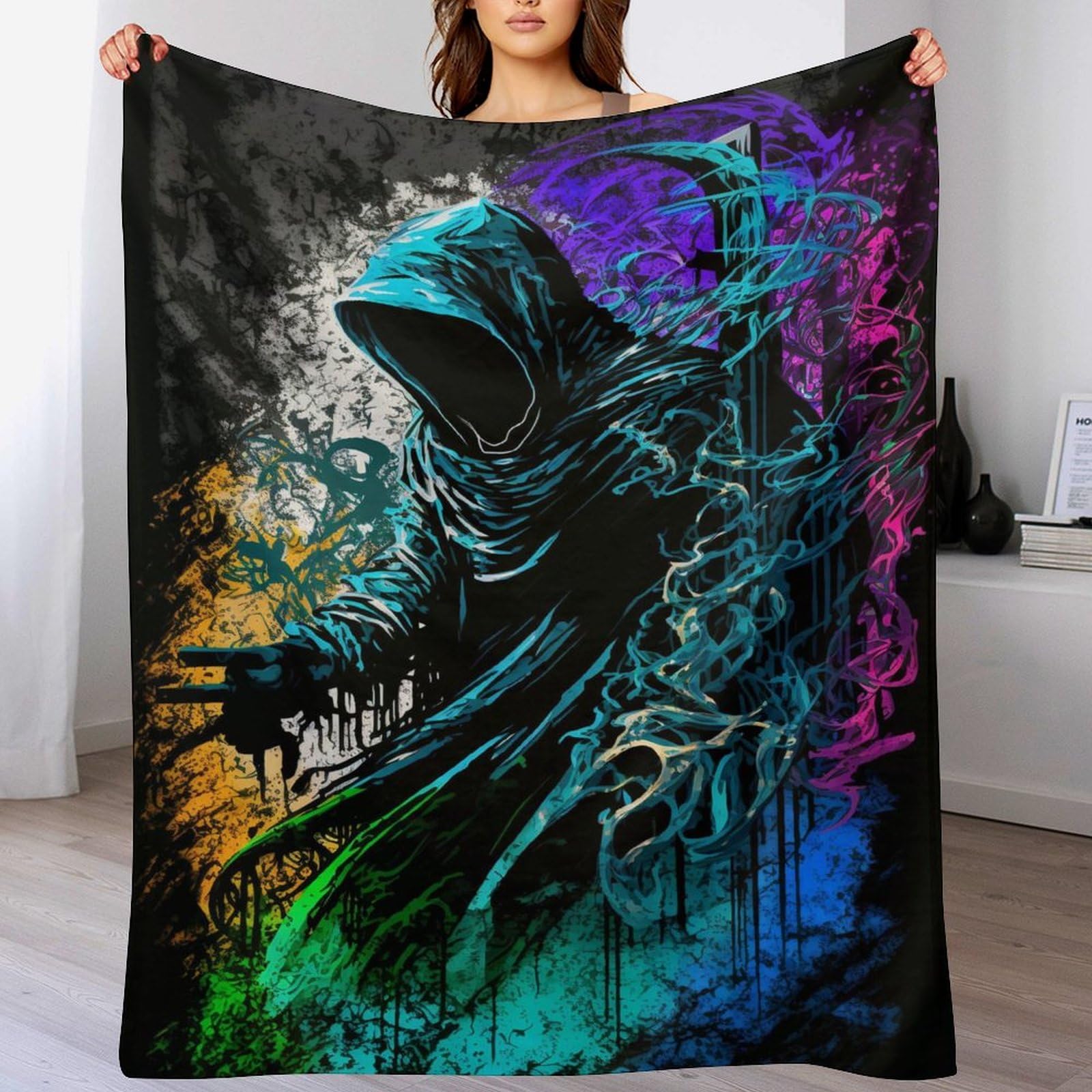 LLXXHH Painting The Grim Reaper Throw Blanket, Soft Microfiber Fluffy Flannel Blankets for Bed Sofa Couch Settees, Kids Adult Gift Travel 150×200cm