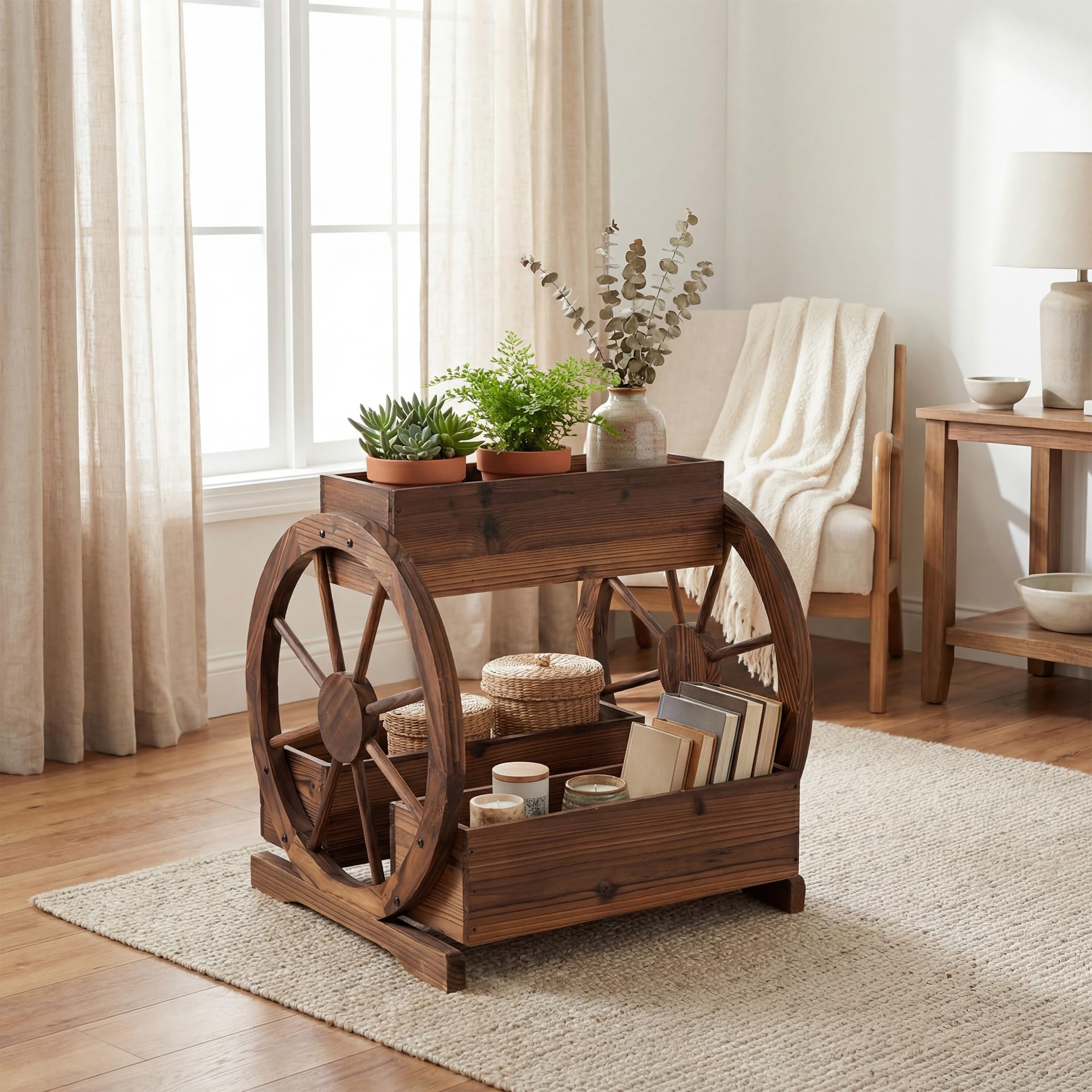 HOMASIS Jardinière Surélevée à 2/3 Niveaux en Bois, Bacs à Fleurs en Forme de Chariot avec roulettes, Trous de Drainage et Gants, pour Jardin, Balcon, Terrasse, Marron (61,5 x 55 x 59 cm)