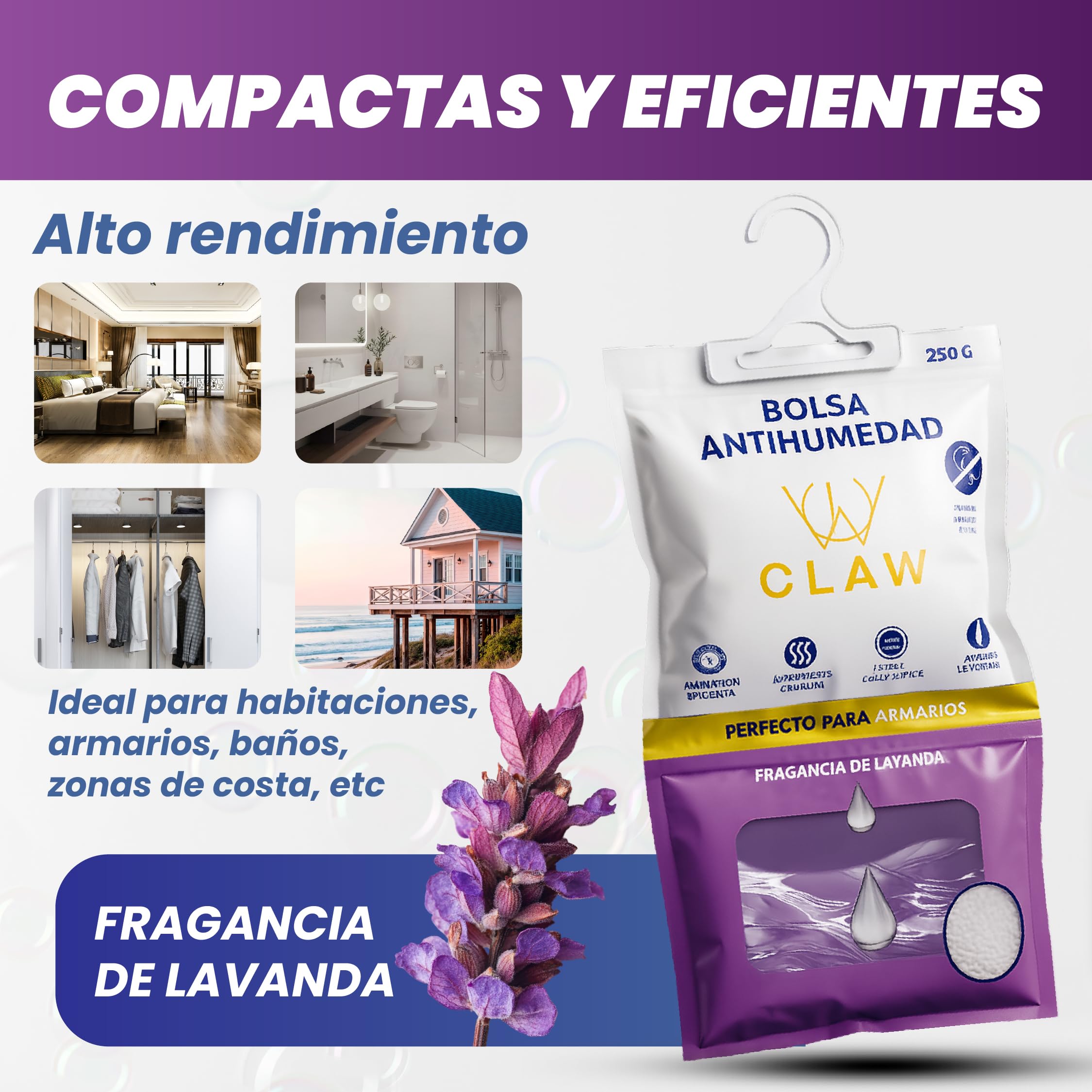 Pack de 12x250g Bolsas Antihumedad 3KG Armario Ropa – Deshumificador Percha Colgante Garaje – Elimina malos Olores con Fragacia de Lavanda- Absorbente Humedad Trastero