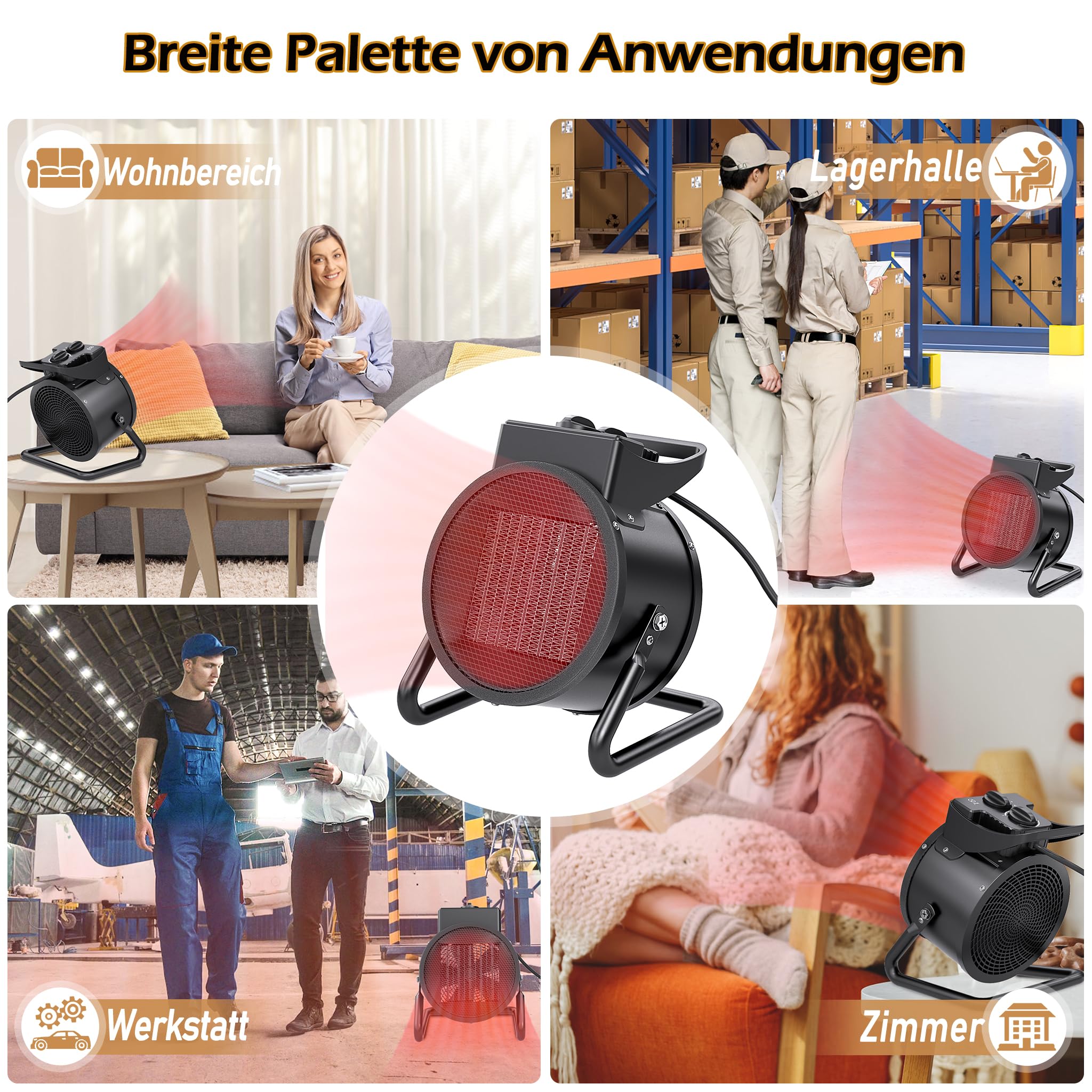 LZQ 3000 W Keramik Heizlüfter mit Thermostat, PTC-Keramik Heizelement, 2 Heizstufen Elektro-Heizung, Überhitzungsschutz, Elektroheizgebläse für Baustellen Werkstätten Häuser Garagen