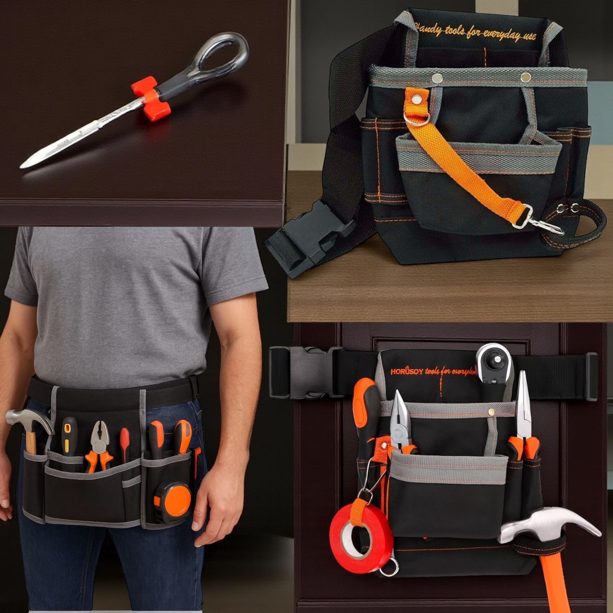 Topolenashop Marsupio Porta Attrezzi da Lavoro con 8 Tasche | Cintura Regolabile per Elettricisti, Muratori, Falegnami | Borsa Attrezzi Impermeabile 25x24 cm | Tessuto Rinforzato e Riflettente 90514