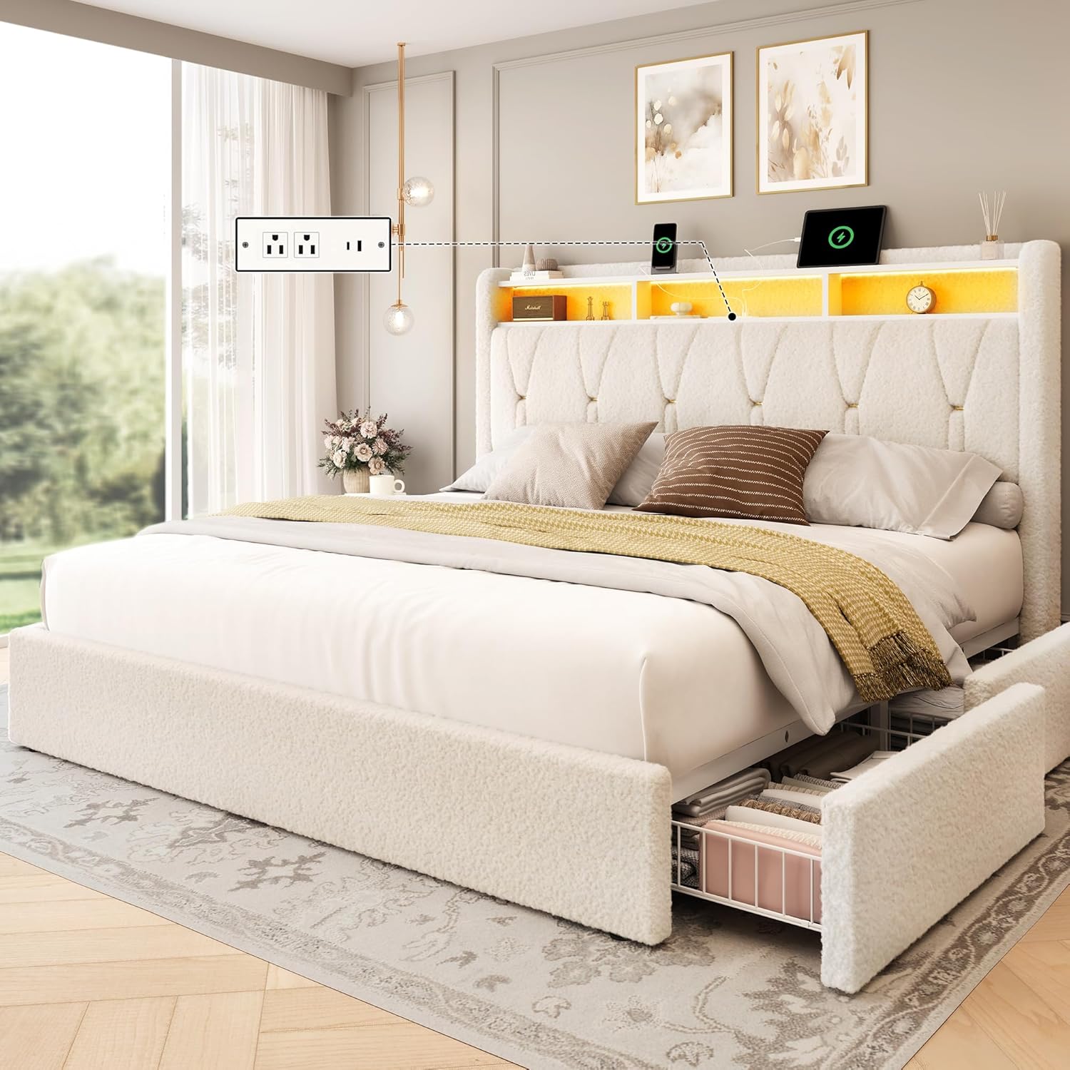 LARMACE King Size Bed Frame with 4 Storage Drawers and Boucle Headboard Upholstered Platform Bed Frame with LED Lights & Charging Station,Easy Assembly/No Box Spring Needed,Cream