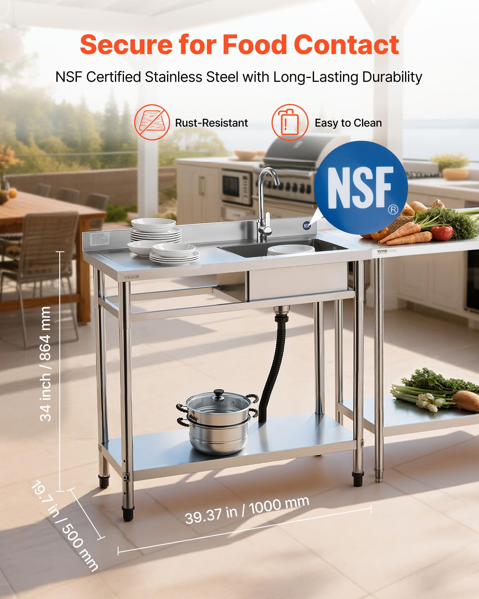 VEVOR Lavello in Acciaio Inox 100 x 50 x 94 cm, Vasca Singola con Rubinetto e Ripiano, Lavello da Cucina per Garage, Ristorante, Lavanderia, Lavabo da Esterno con Piano di Lavoro Sinistra