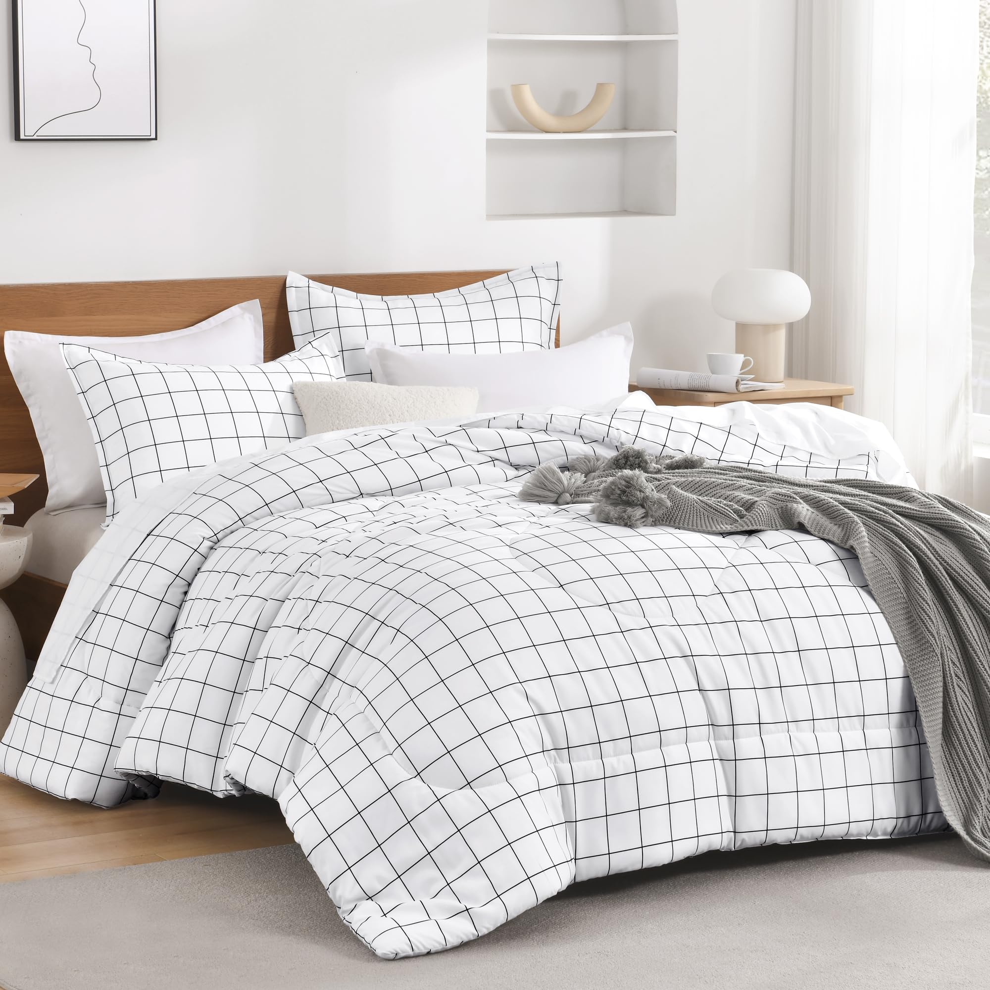 Photo 1 of [HEAVILY USED!] Andency King Size Comforter Set White Gingham, Plaid Grid Checkered Bedding Comforter Set for King Size Bed, 3 Pieces Lightweight Reversible Modern Geometric Bedding Set(104x90 Inch)