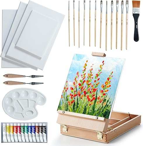 ARTIFY - Juego de caballete de caja de bocetos de mesa, caballete de artista de escritorio con pinturas acrílicas de 12 colores, 13 pinceles, 4 disponible en Yaxa Peru