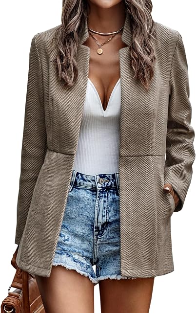 Jhsnjnr Womens Long Sleeve Casual Blazers Stand Collar Trench Fall Coats Open Front Office Wear Tweed Jackets